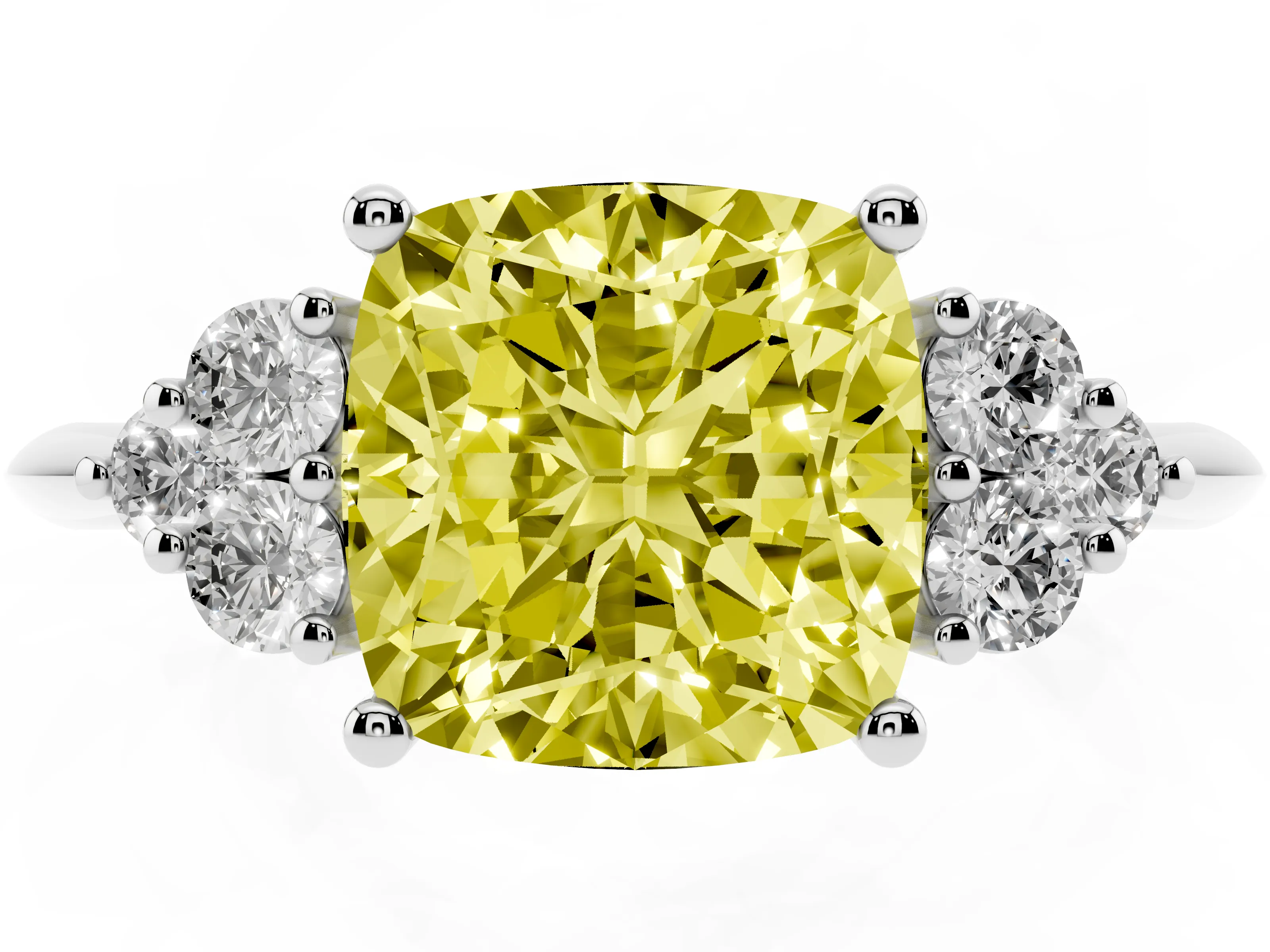 Fancy Yellow Cushion Cut Diamond Cluster Ring Set in White gold with Plain Band and Prong Setting