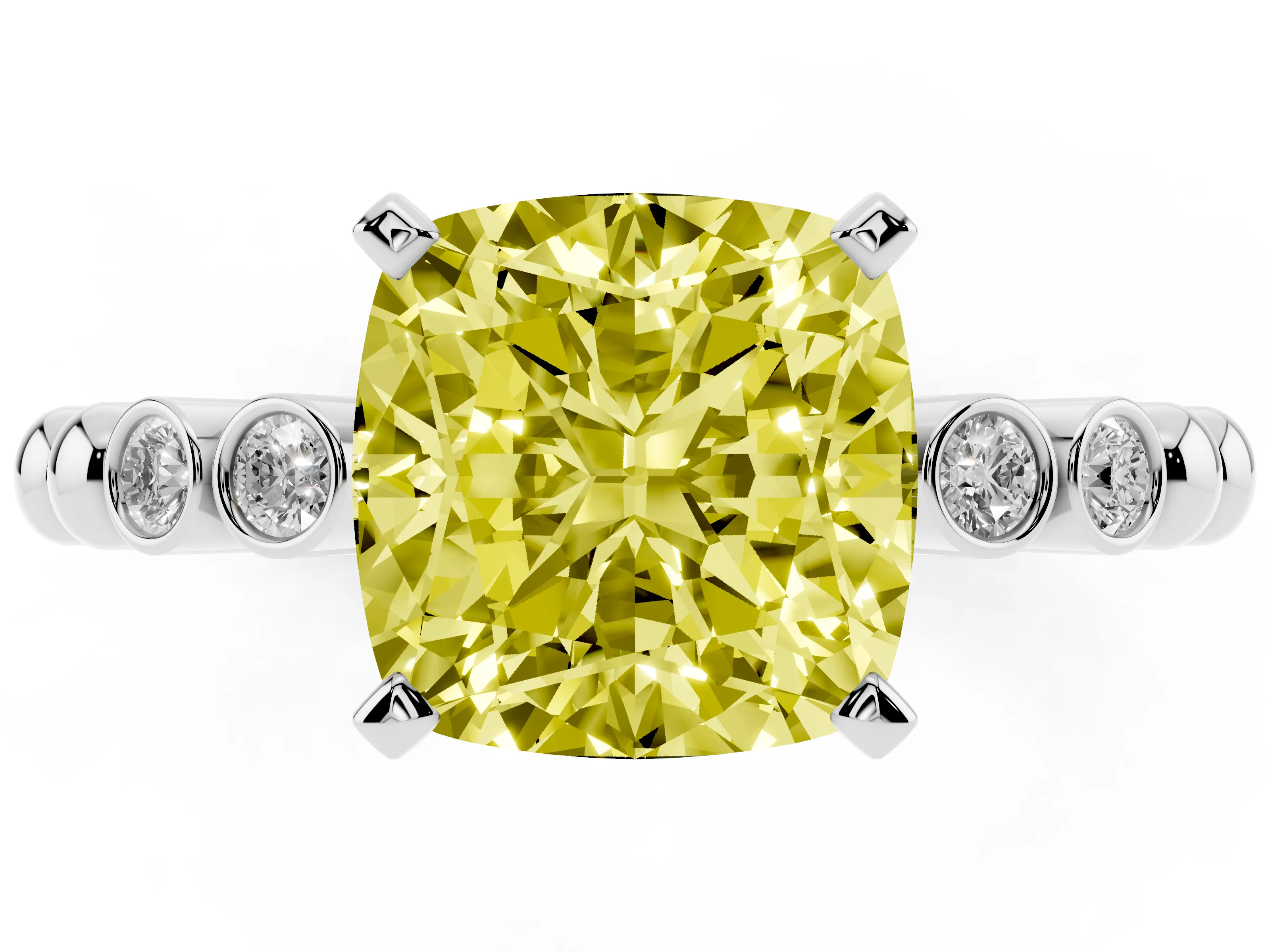 Fancy Yellow Cushion Cut Diamond Solitaire Engagement Ring Set in Silver with Bezel Accents on Beaded Band