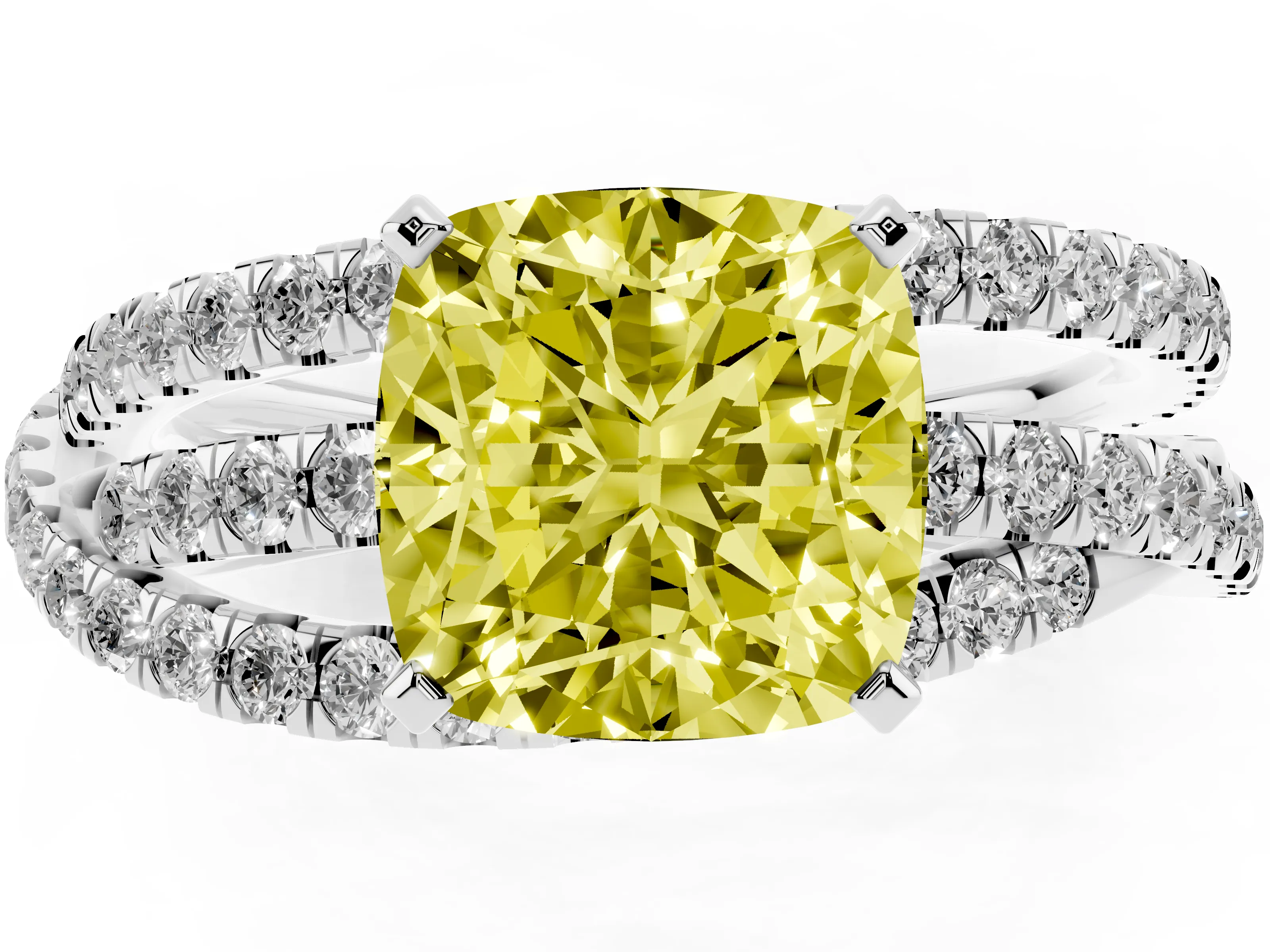 Fancy Yellow Cushion Cut Diamond Solitaire Twist Band Ring Set in Silver with Pavé Setting and Prong Head