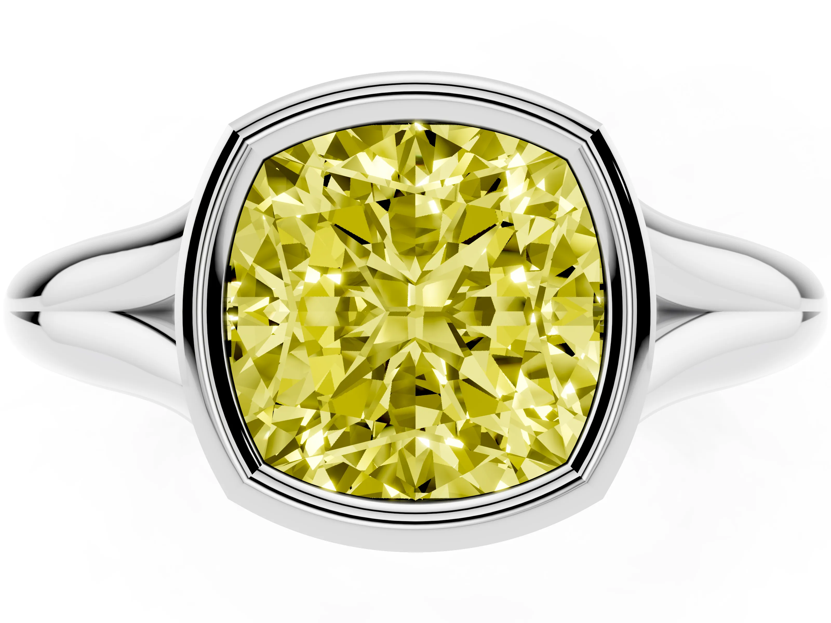 Fancy Yellow Bezel Set Cushion Cut Diamond Solitaire Ring Set in Silver with Smooth Band