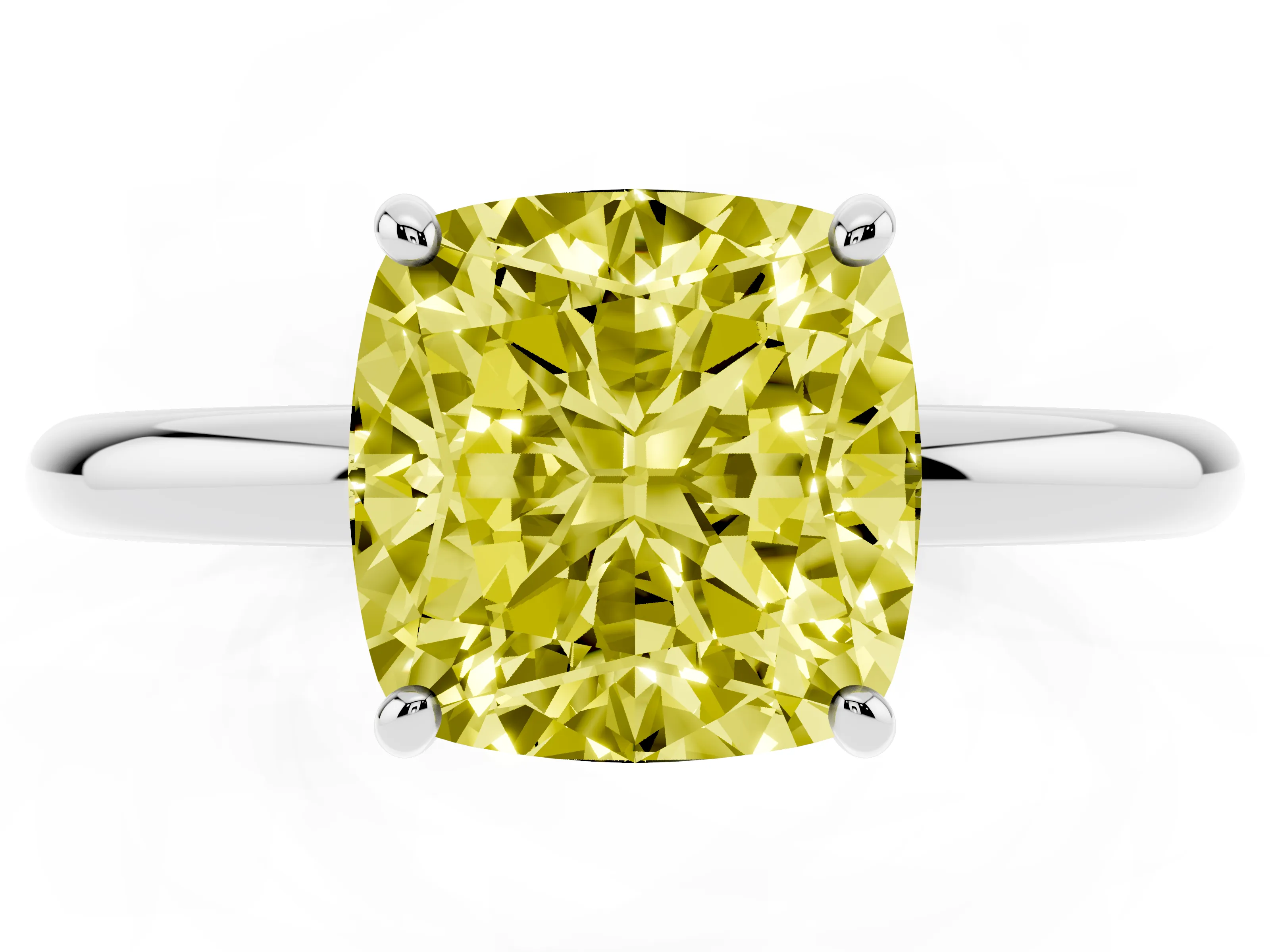 Fancy Yellow Cushion Cut Diamond Solitaire Ring Set in Platinum with Prong Setting on a Polished Plain Band