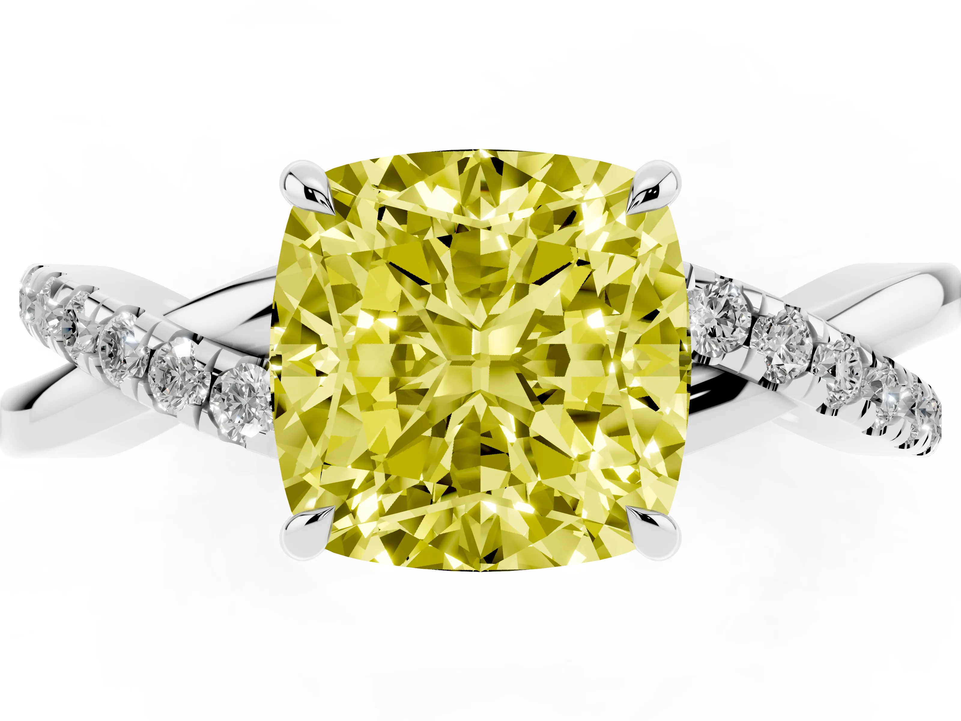 Fancy Yellow Cushion Cut Diamond Twisted Pavé Band Ring Set in Platinum with Prong Setting