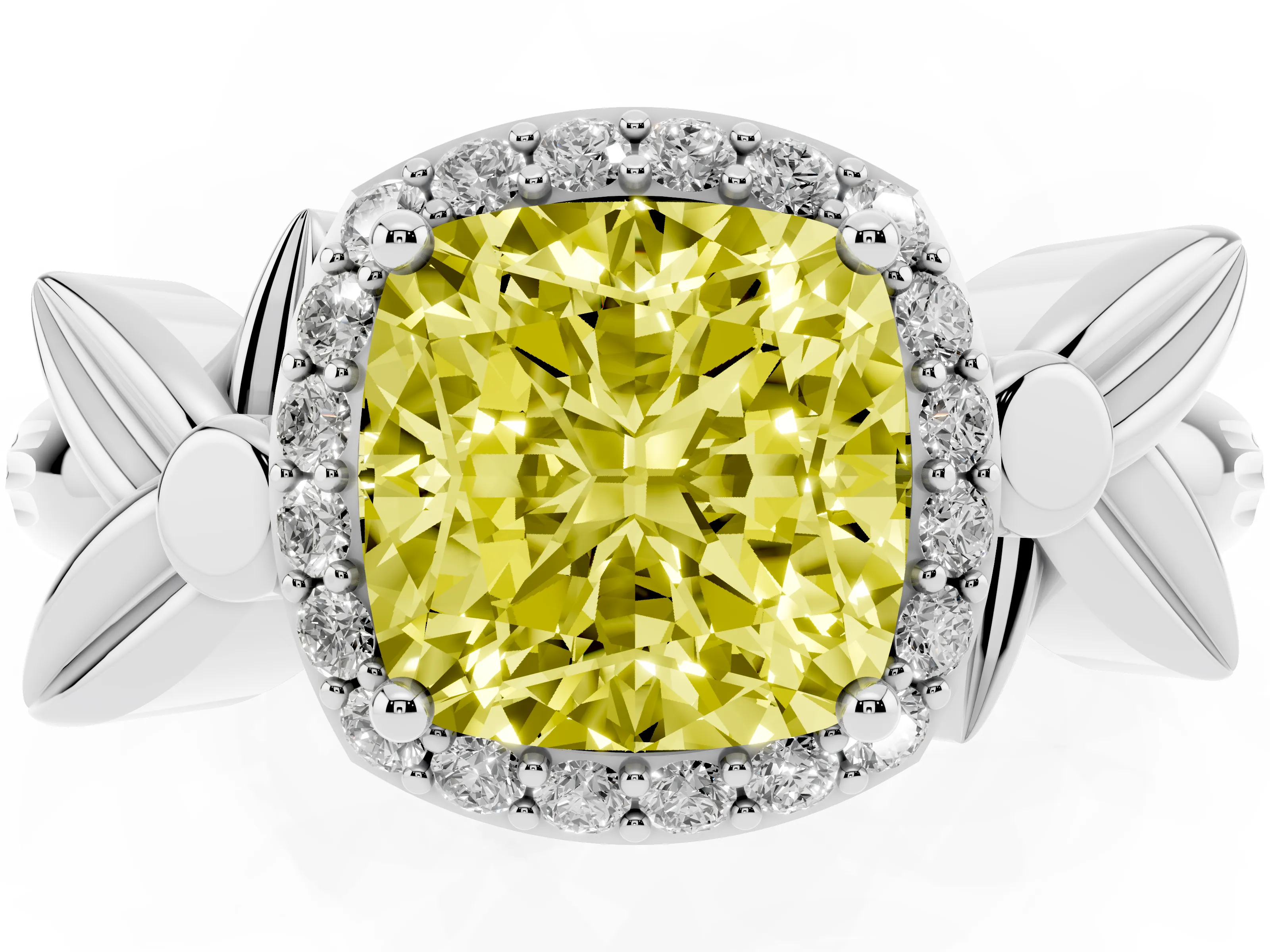 Fancy Yellow Cushion Cut Diamond Halo Floral Band Ring Set in Silver with Prong Setting