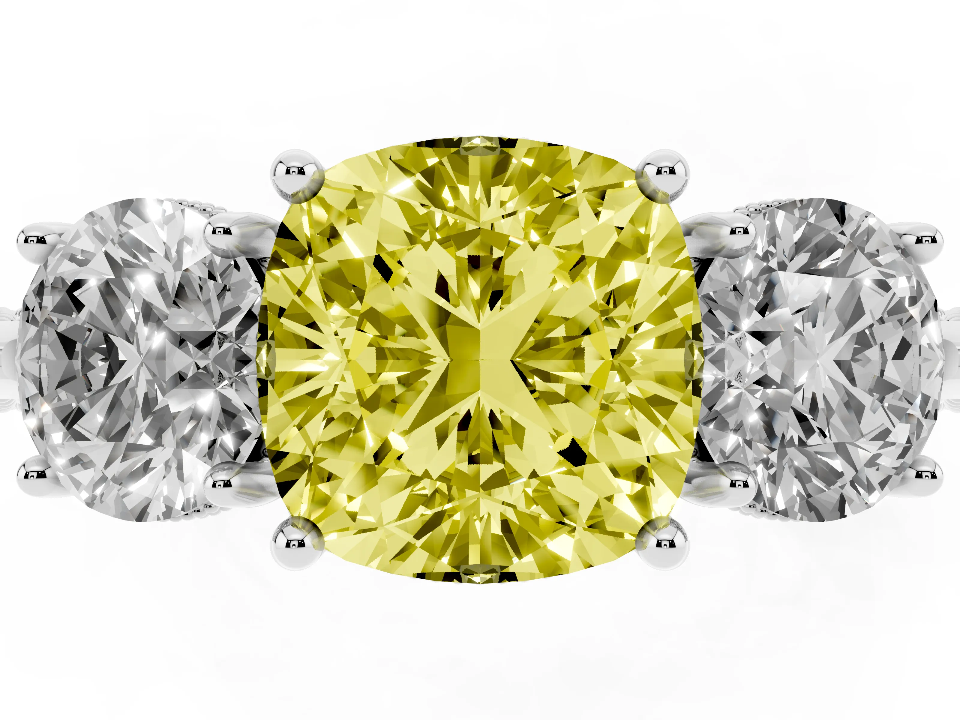 Fancy Yellow Cushion Cut Diamond Three-Stone Ring Set in Platinum with Milgrain Band