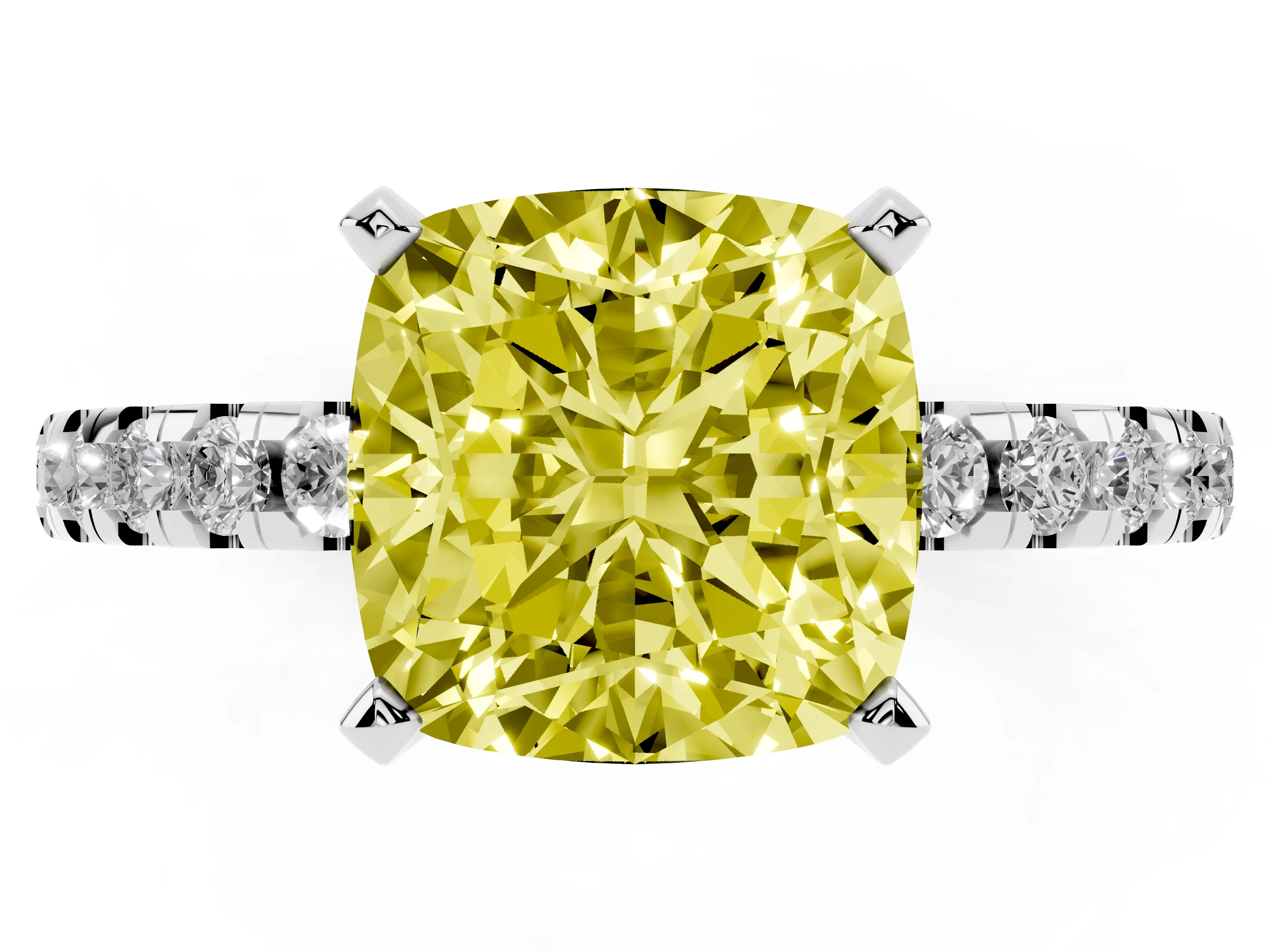 Fancy Yellow Cushion Cut Diamond Pavé Solitaire Ring Set in White gold with Round Band Accents and Prong Setting