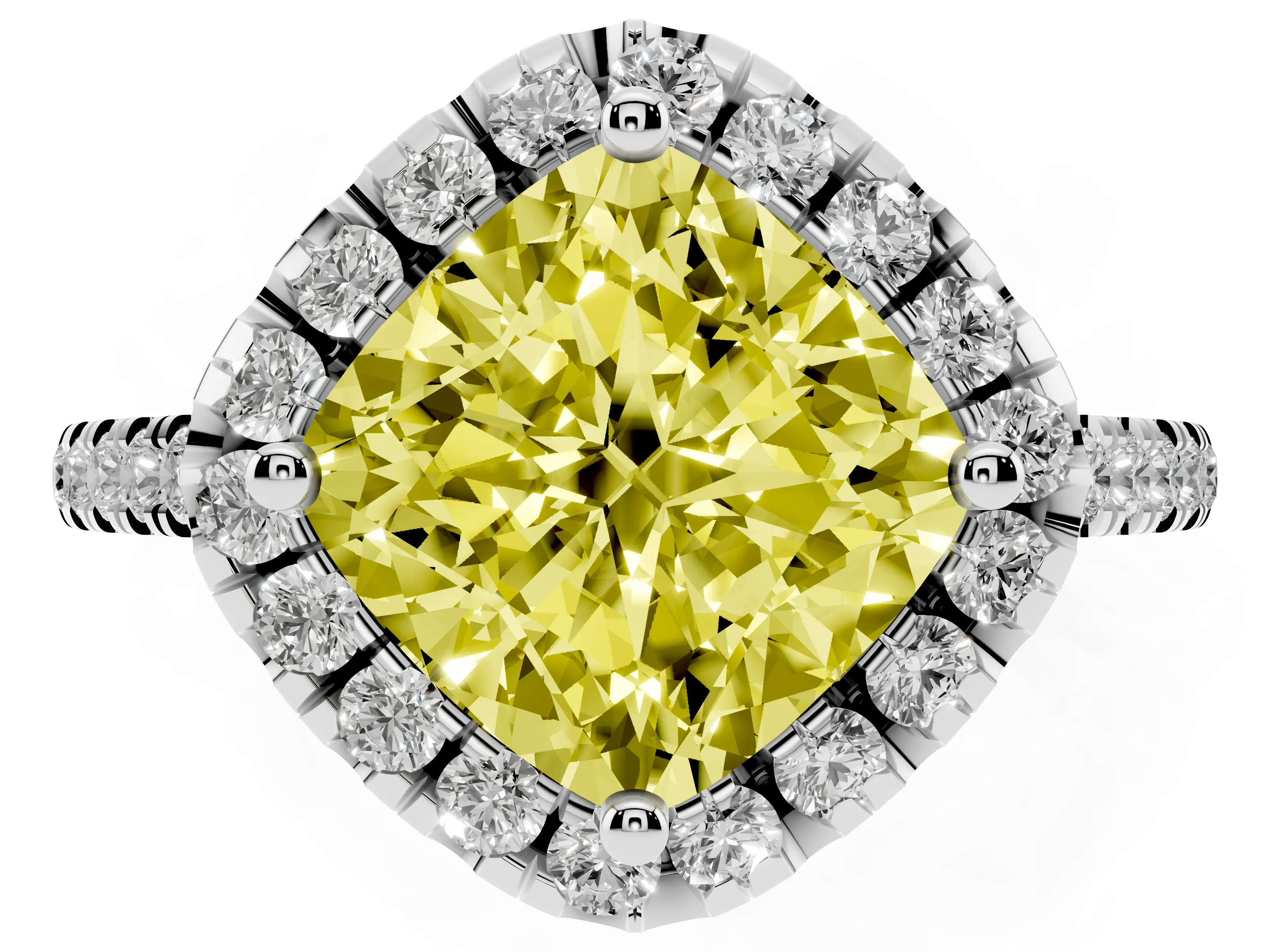 Fancy Yellow Cushion Cut Diamond Cushion Halo Ring Set in White gold with Pavé Band