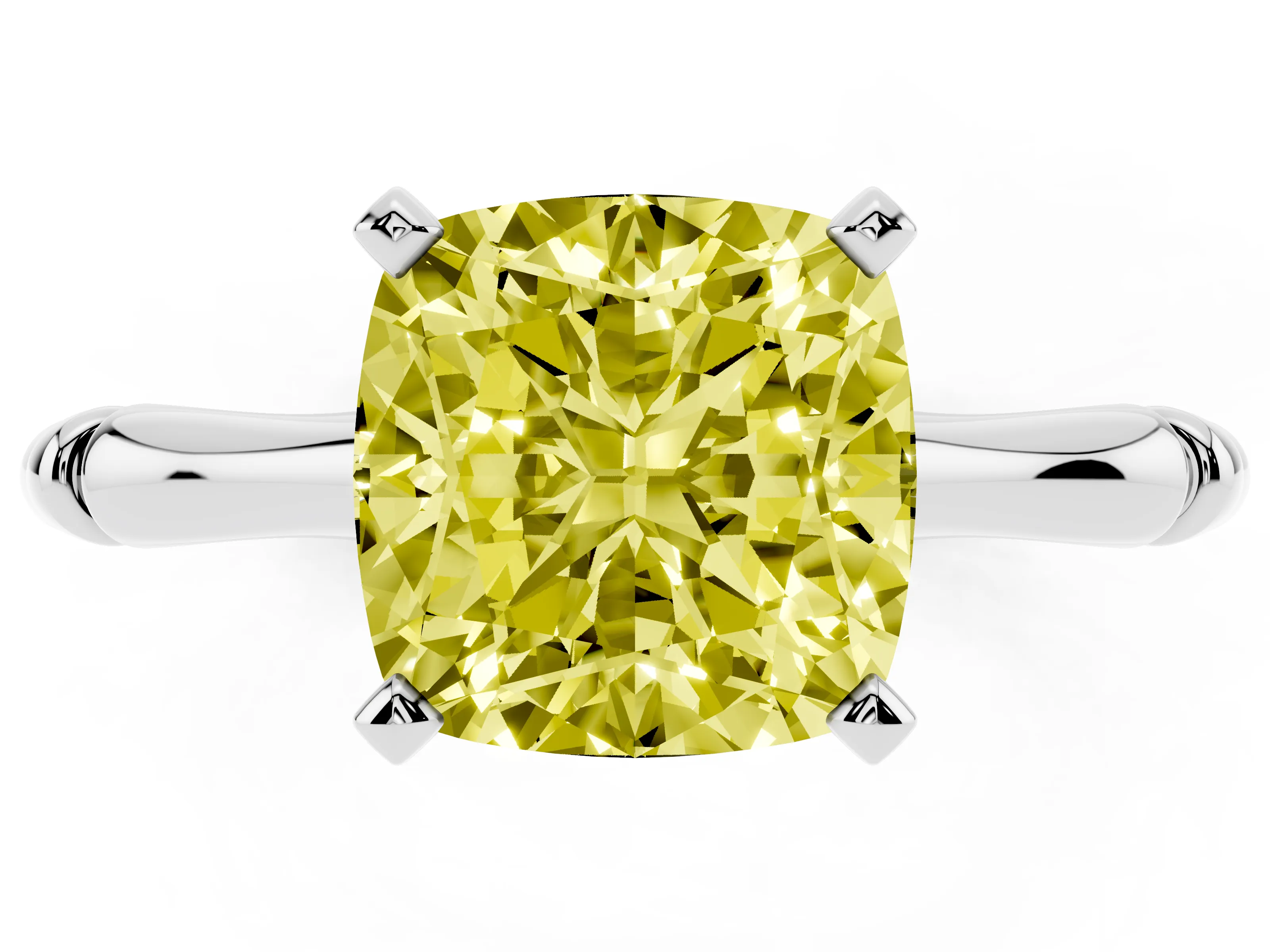 Fancy Yellow Cushion Cut Diamond Solitaire Ring Set in Silver with Bamboo Band and Prong Setting