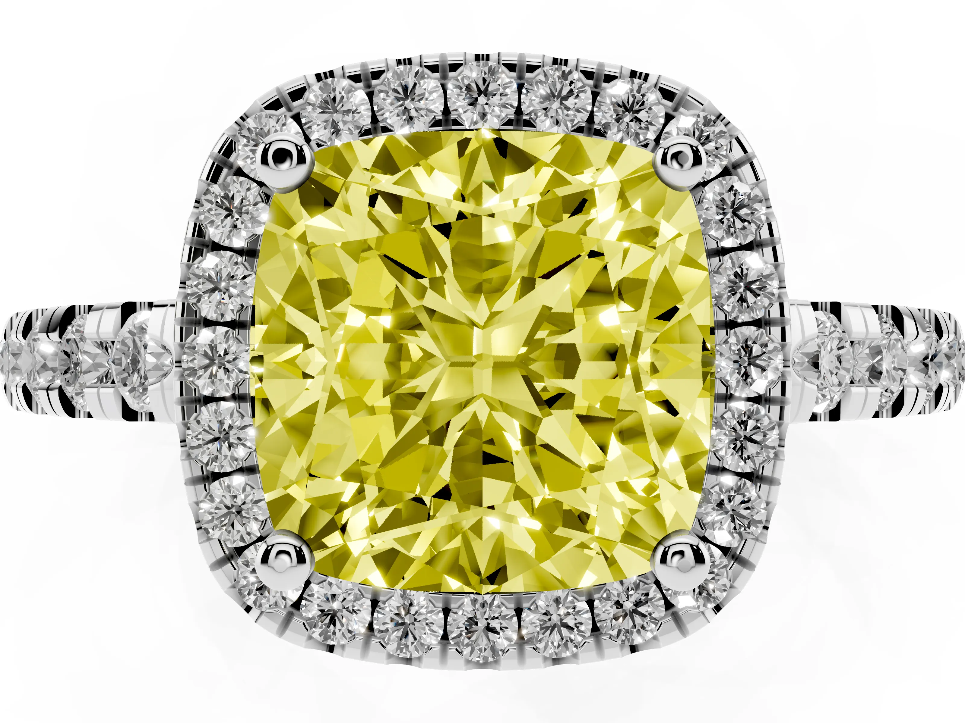 Fancy Yellow Cushion Cut Diamond Halo Ring Set in White gold with Delicate Pavé Band and Prong Setting