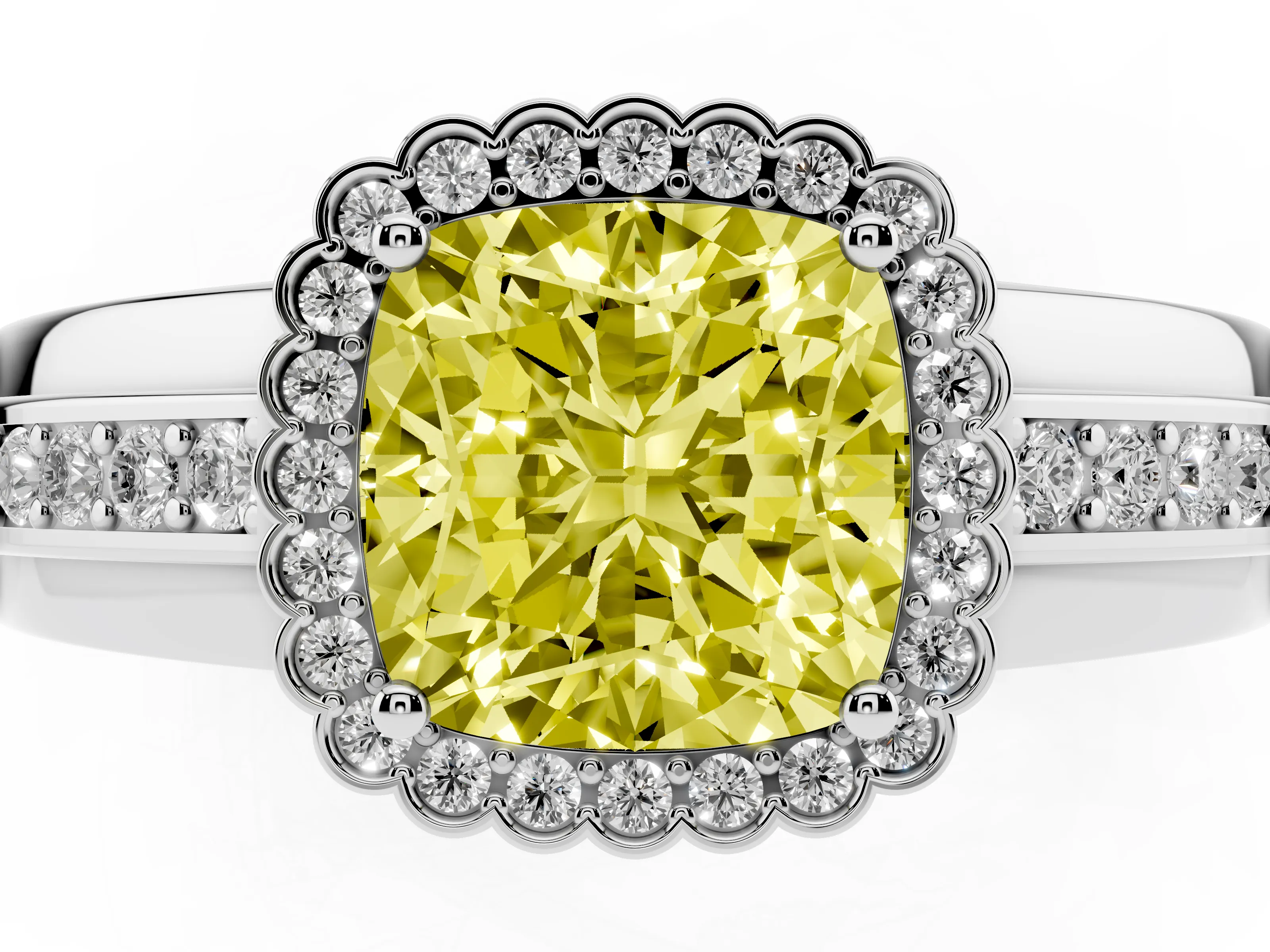 Fancy Yellow Cushion Cut Diamond Halo Prong Ring Set in White gold with Pavé Band