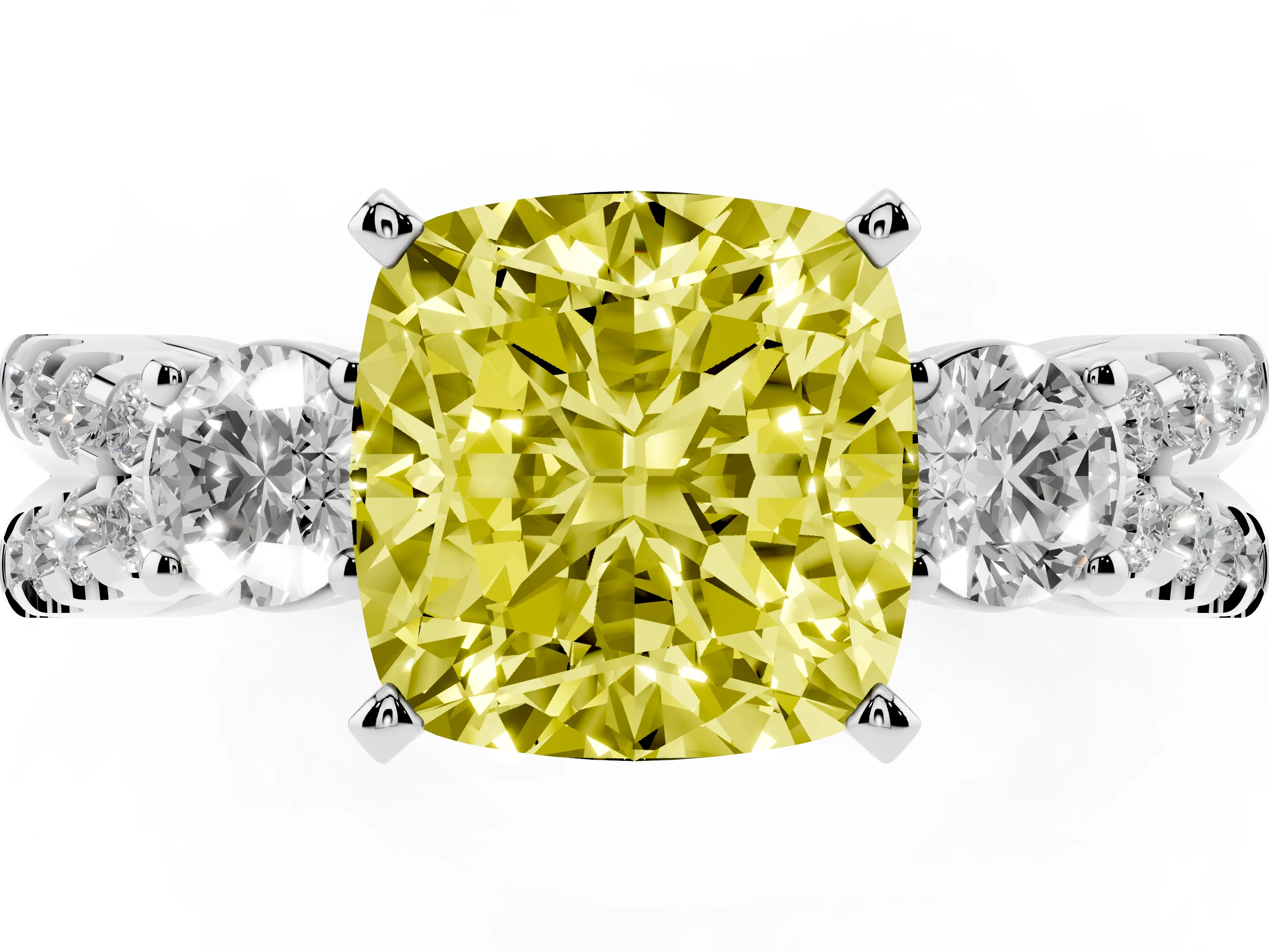 Fancy Yellow Cushion Cut Diamond Three-Stone Ring Set in White gold with Pavé Split Shank and Prong Setting