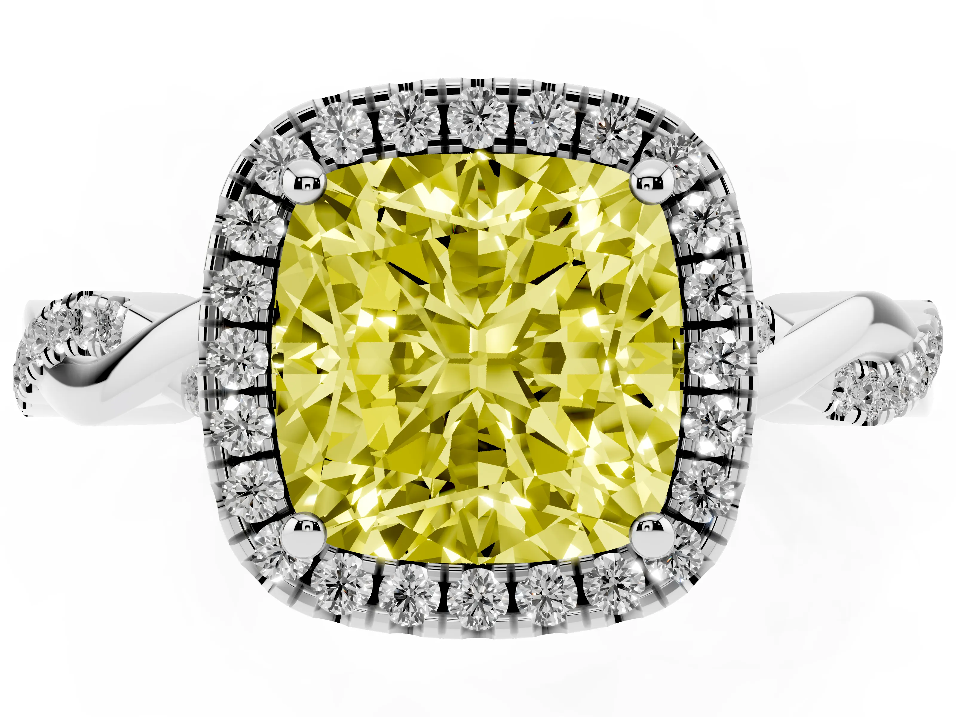Fancy Yellow Cushion Cut Diamond Halo Twisted Band Ring Set in Silver with Prong Setting