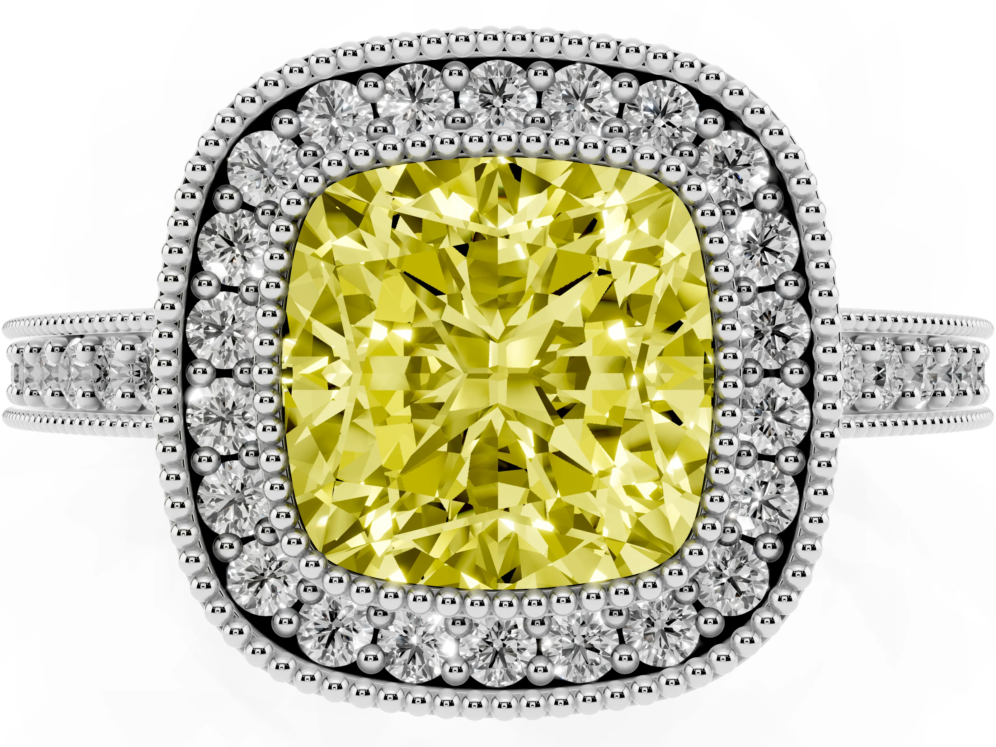 Fancy Yellow Cushion Cut Diamond Halo Engagement Ring Set in White gold with Pavé Band and Round Halo Stones