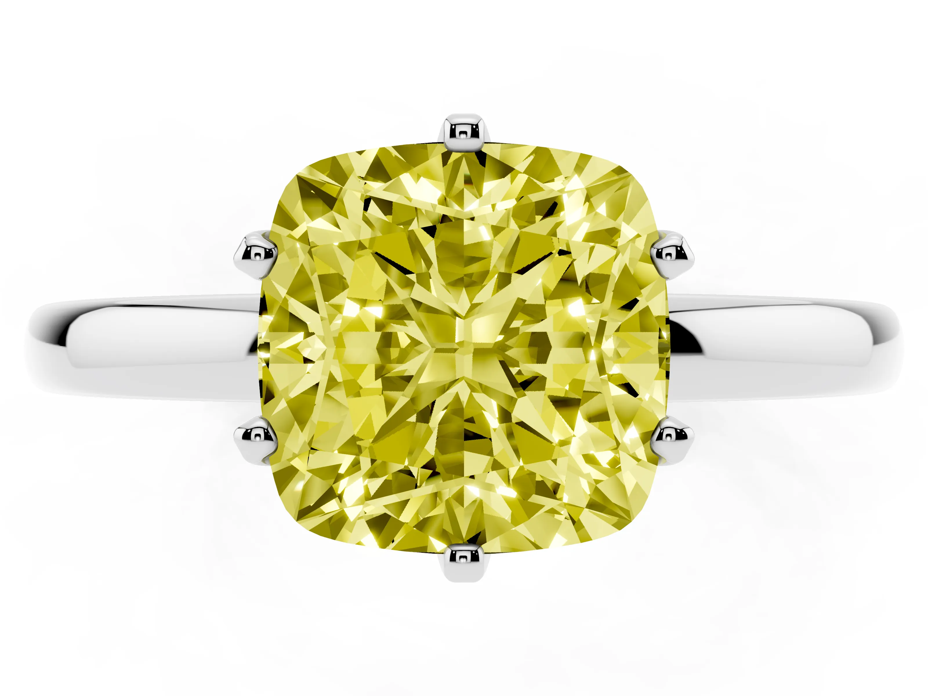 Fancy Yellow Cushion Cut Diamond Solitaire Ring Set in Platinum with Raised Prong Setting on a Classic Band