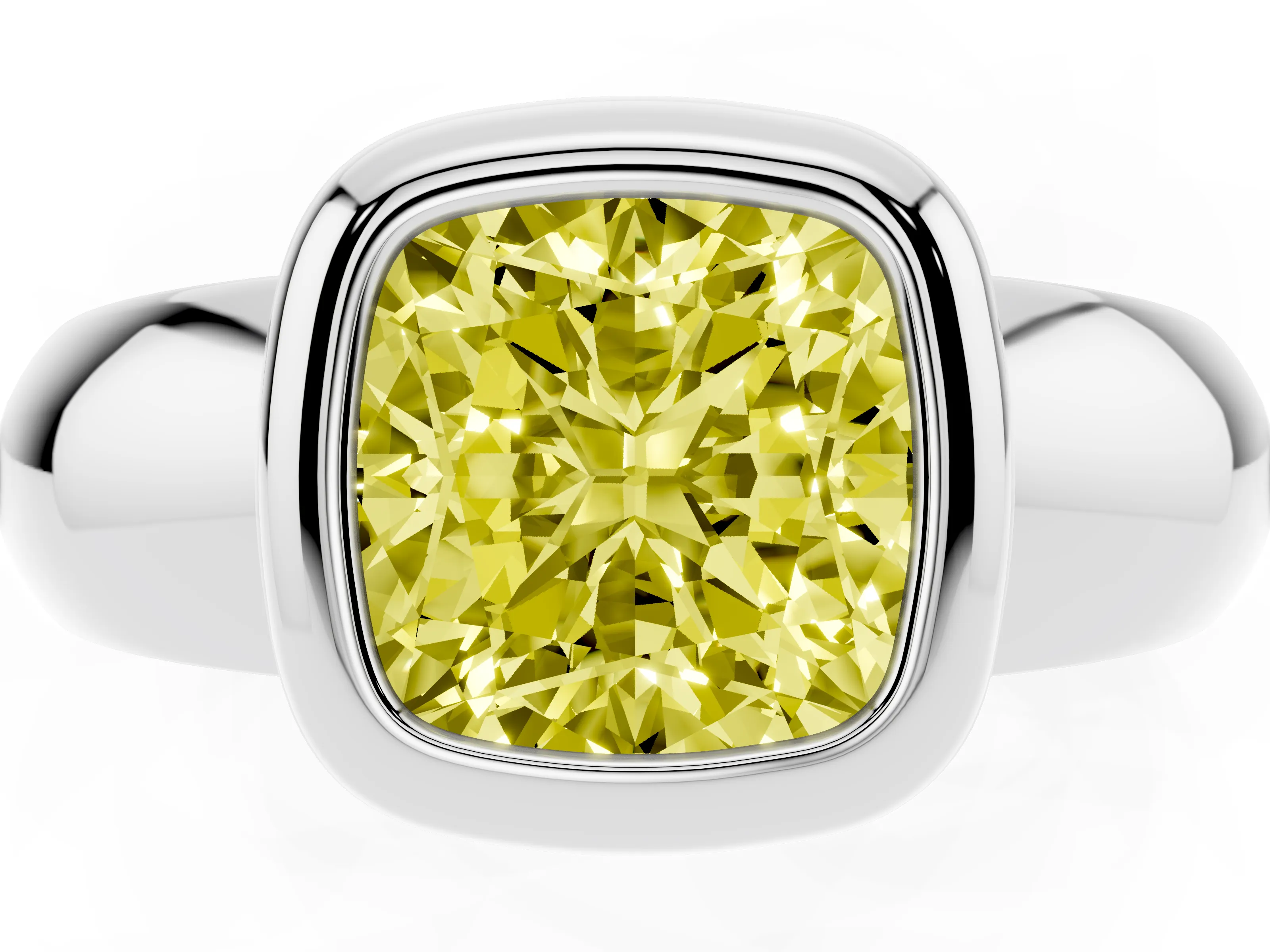 Fancy Yellow Bezel Set Cushion Cut Diamond Solitaire Ring Set in White gold with Wide Band
