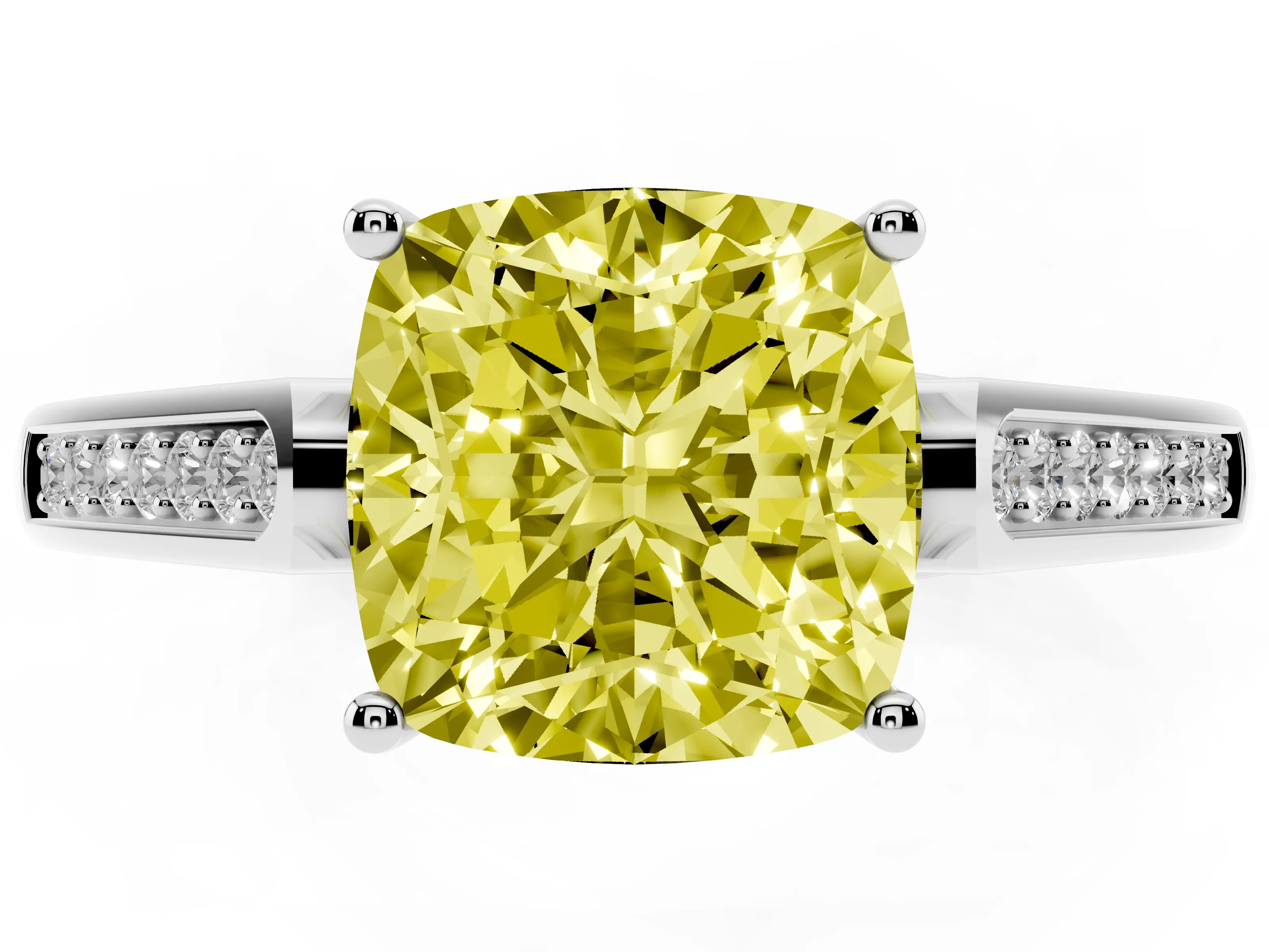 Fancy Yellow Cushion Cut Diamond Solitaire Cathedral Engagement Ring Set in Platinum with Channel-Set Band and Prong Setting