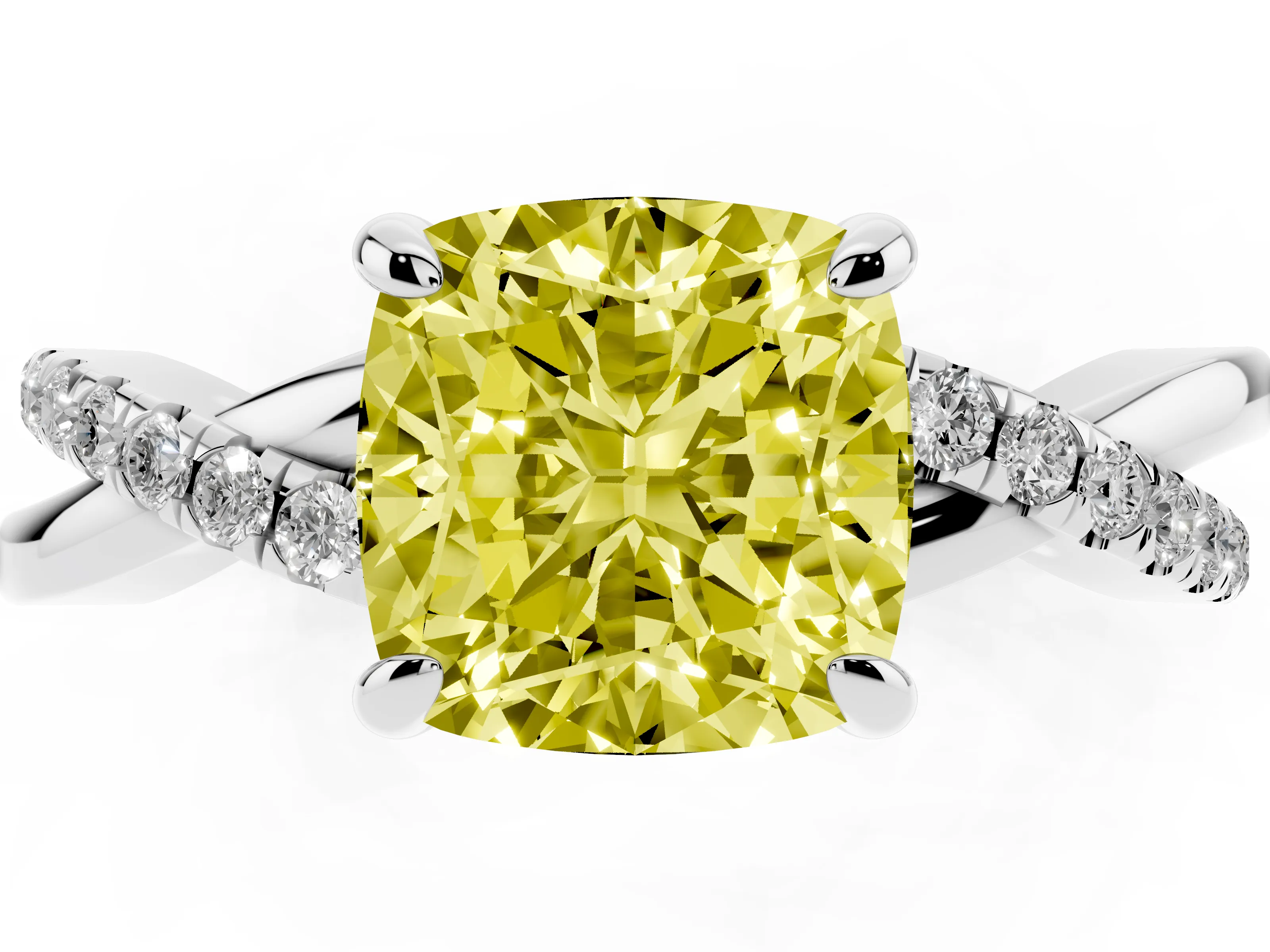 Fancy Yellow Cushion Cut Diamond Twist Band Pavé Solitaire Ring Set in Silver with Prong Setting