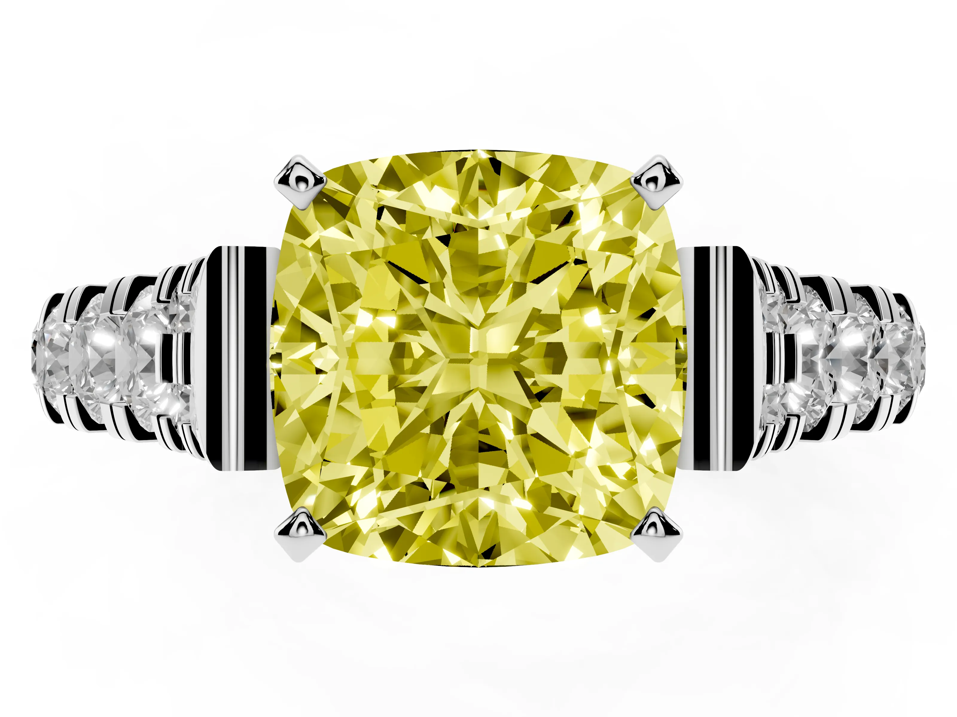 Fancy Yellow Cushion Cut Diamond Classic Solitaire Ring Set in White gold with Pavé Band and Prong Setting