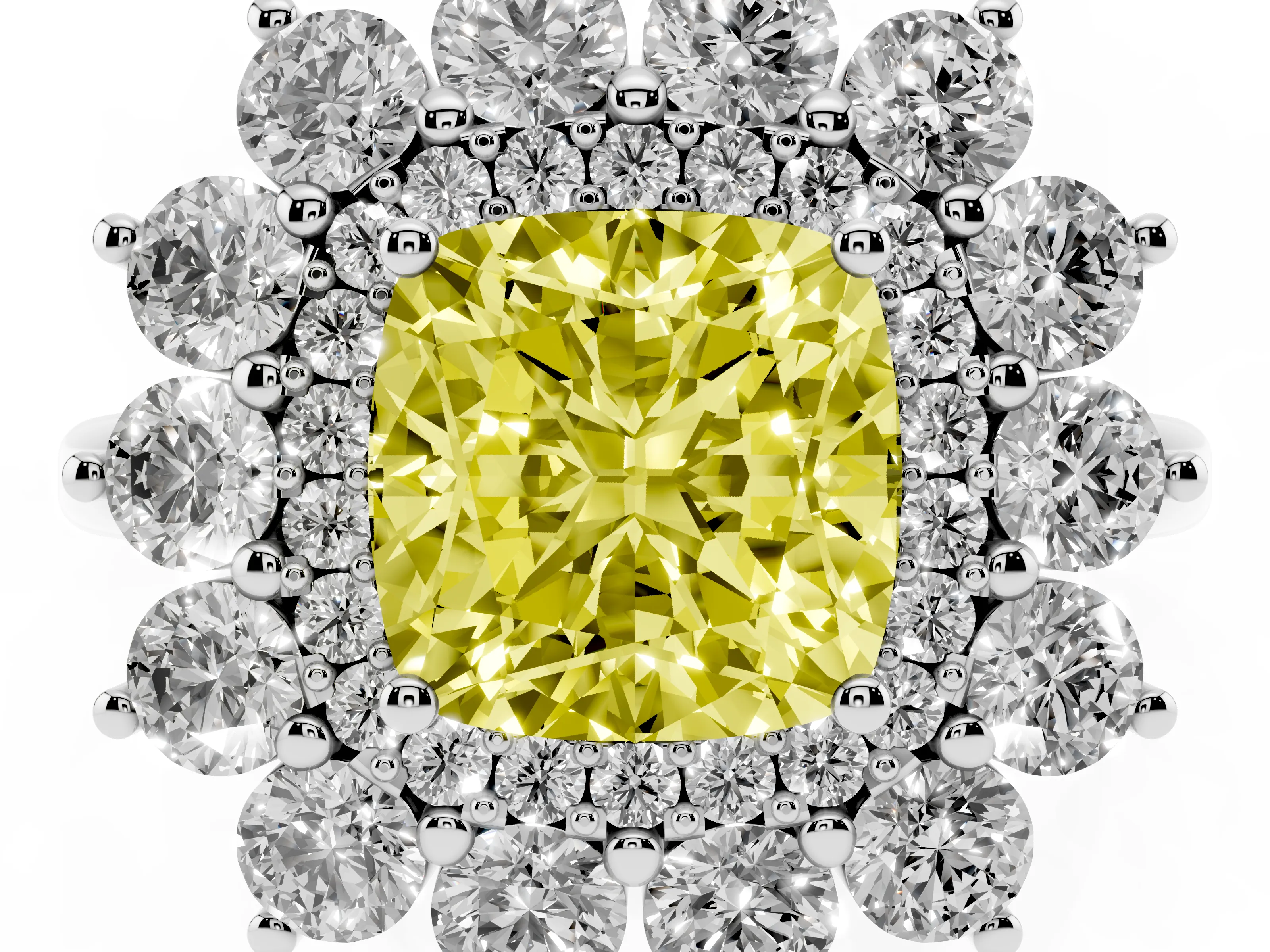 Fancy Yellow Cushion Cut Diamond Floral Double Halo Ring Set in Silver with Round Petals