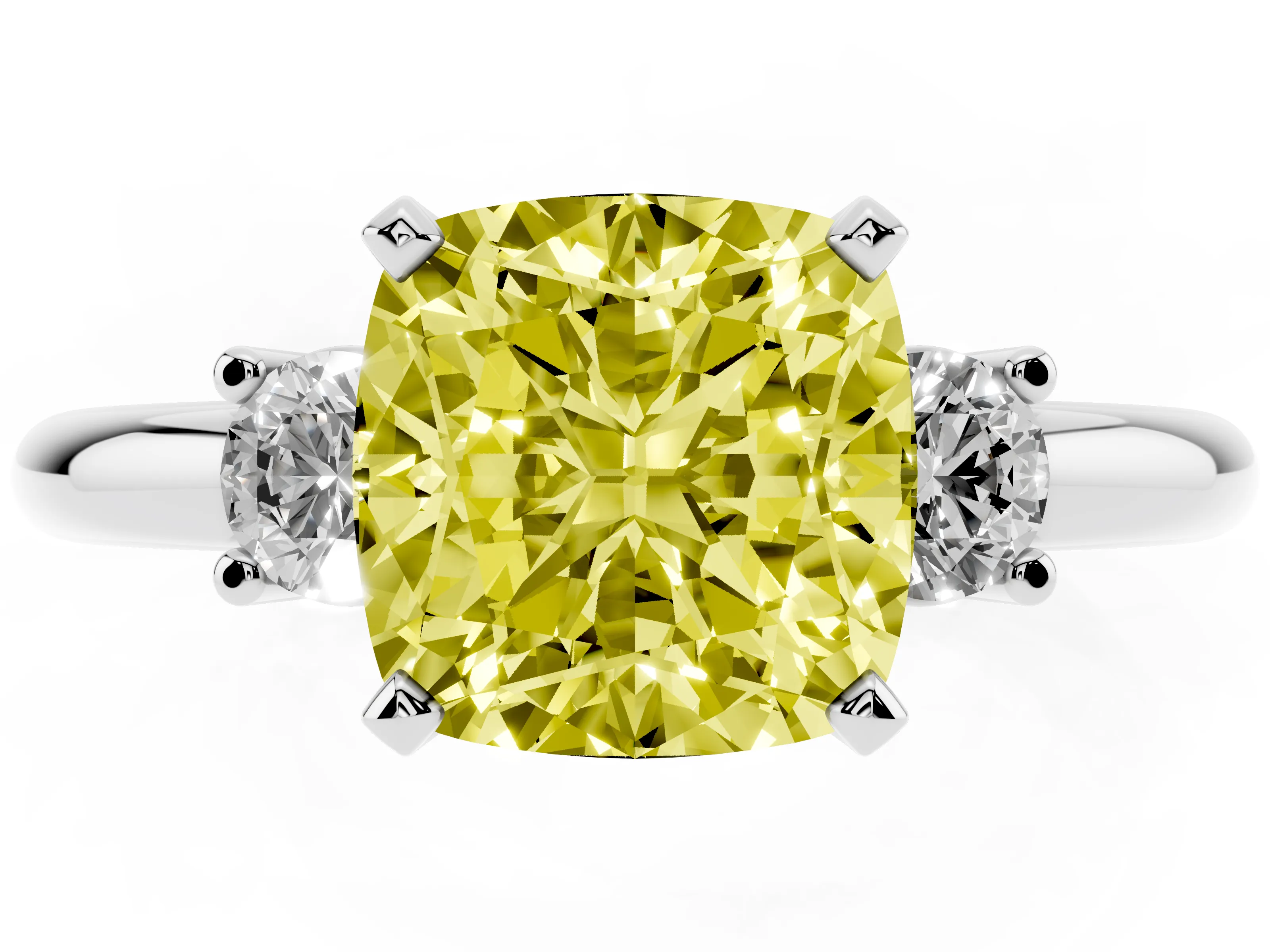 Fancy Yellow Three-Stone Cushion Cut Diamond Ring Set in Platinum with Prong Setting and Plain Band