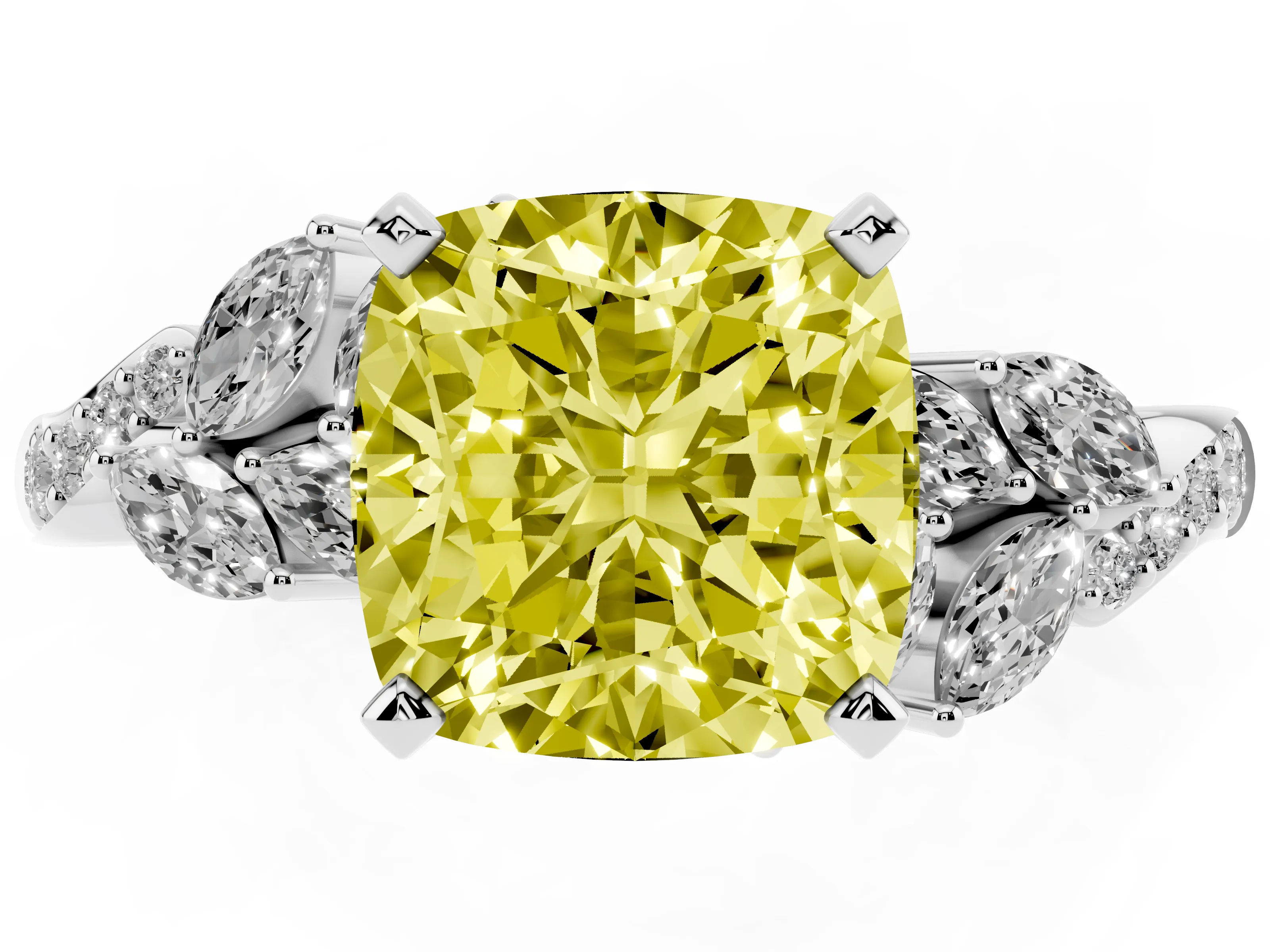 Fancy Yellow Cushion Cut Diamond Solitaire Ring Set in Platinum with Marquise Twist Band and Prong Setting