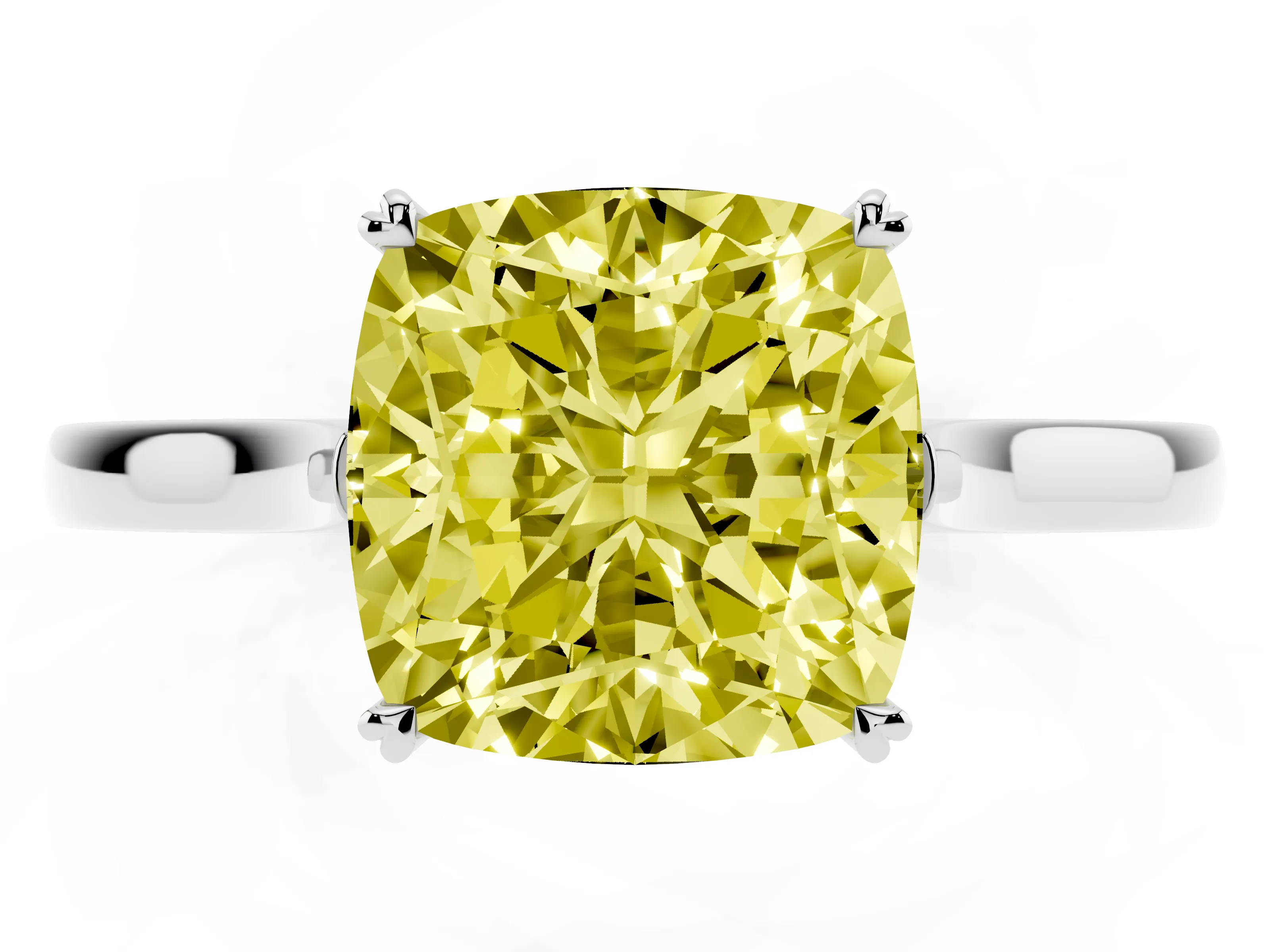 Fancy Yellow Cushion Cut Diamond Solitaire Heart Prong Engagement Ring Set in White gold with Tapered Band