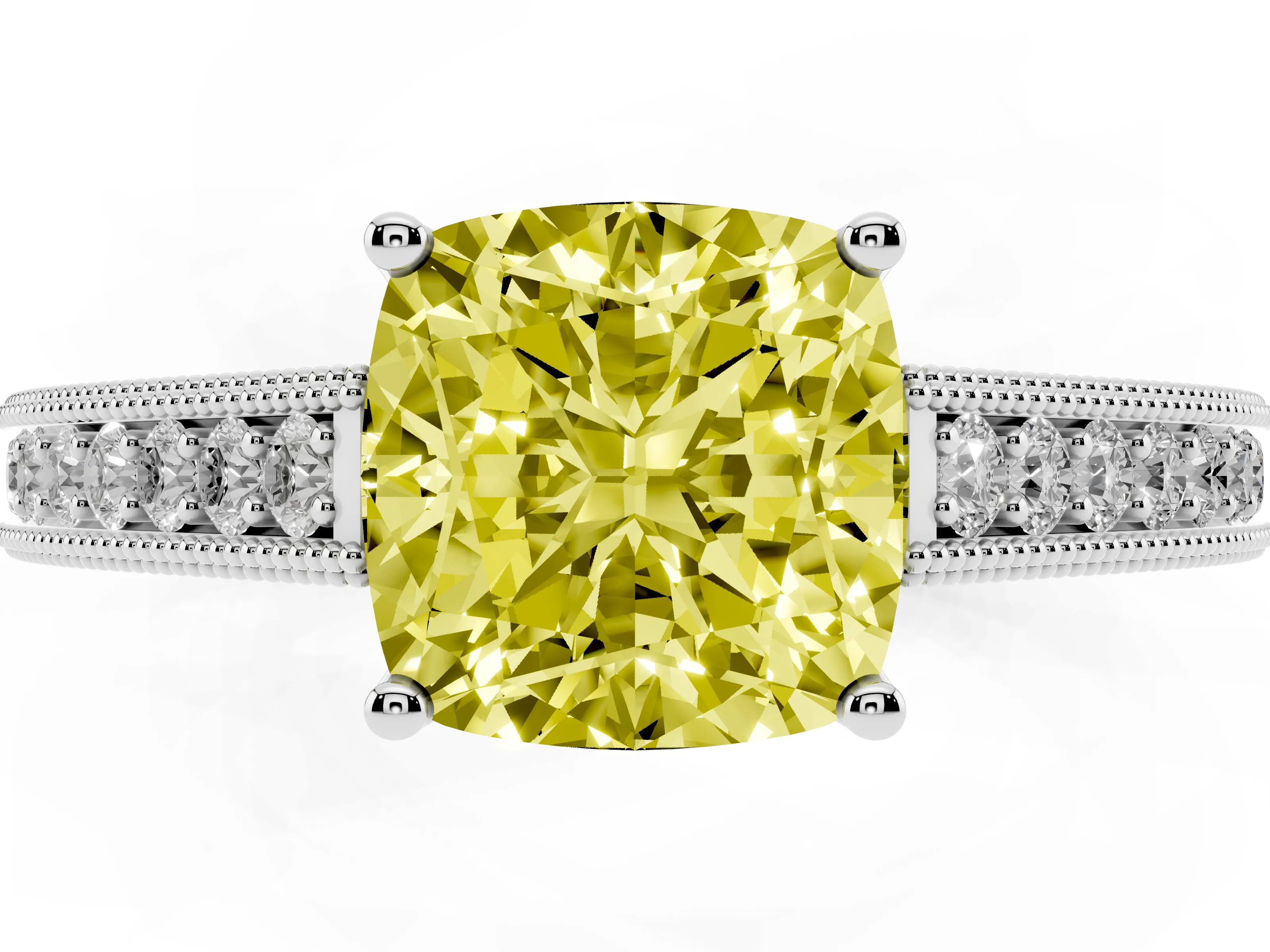 Fancy Yellow Cushion Cut Diamond Milgrain Pavé Band Solitaire Ring Set in White gold with Prong Setting