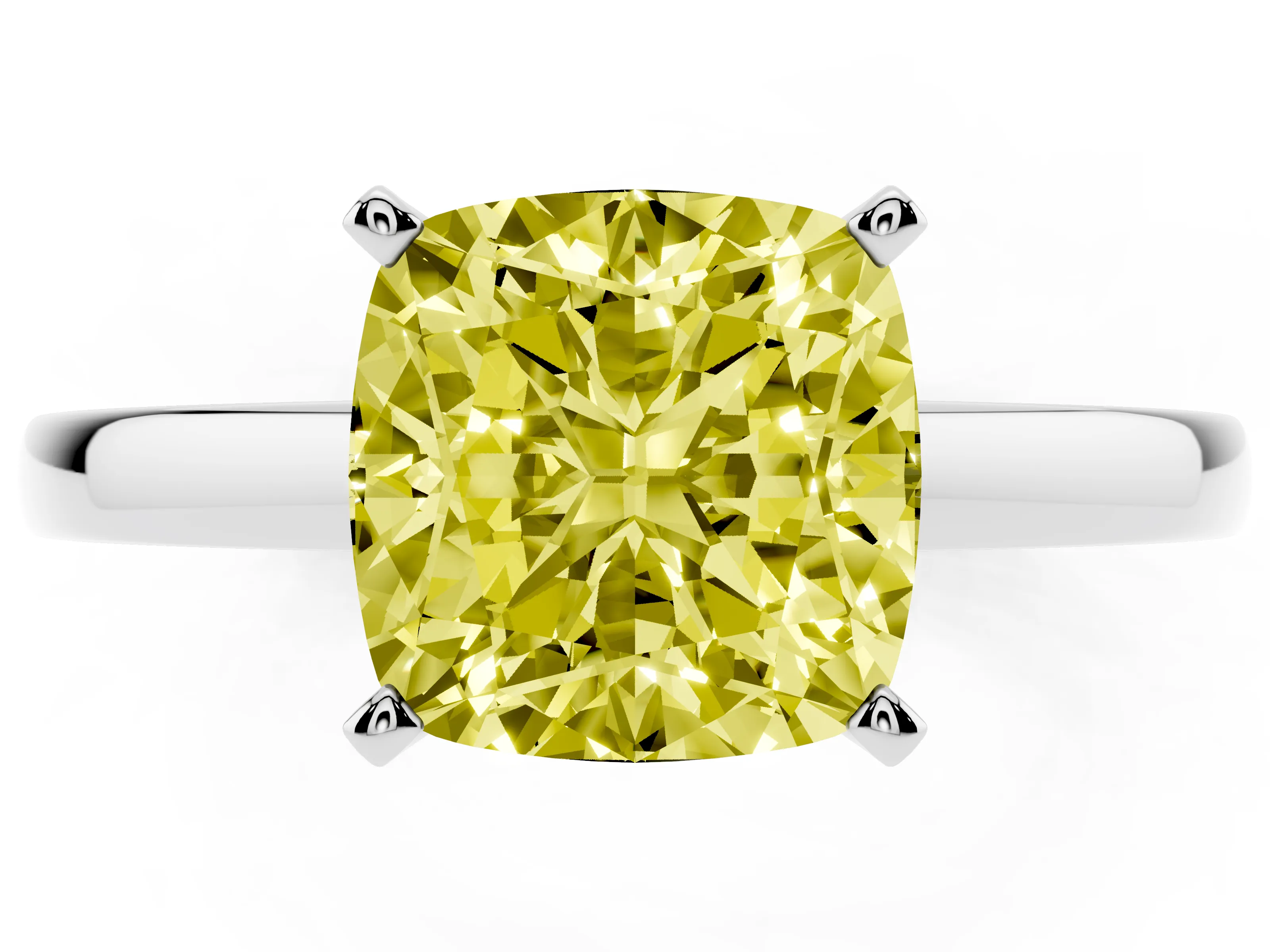 Fancy Yellow Cushion Cut Diamond Solitaire Engagement Ring Set in Platinum with Prong Setting on a Classic Band