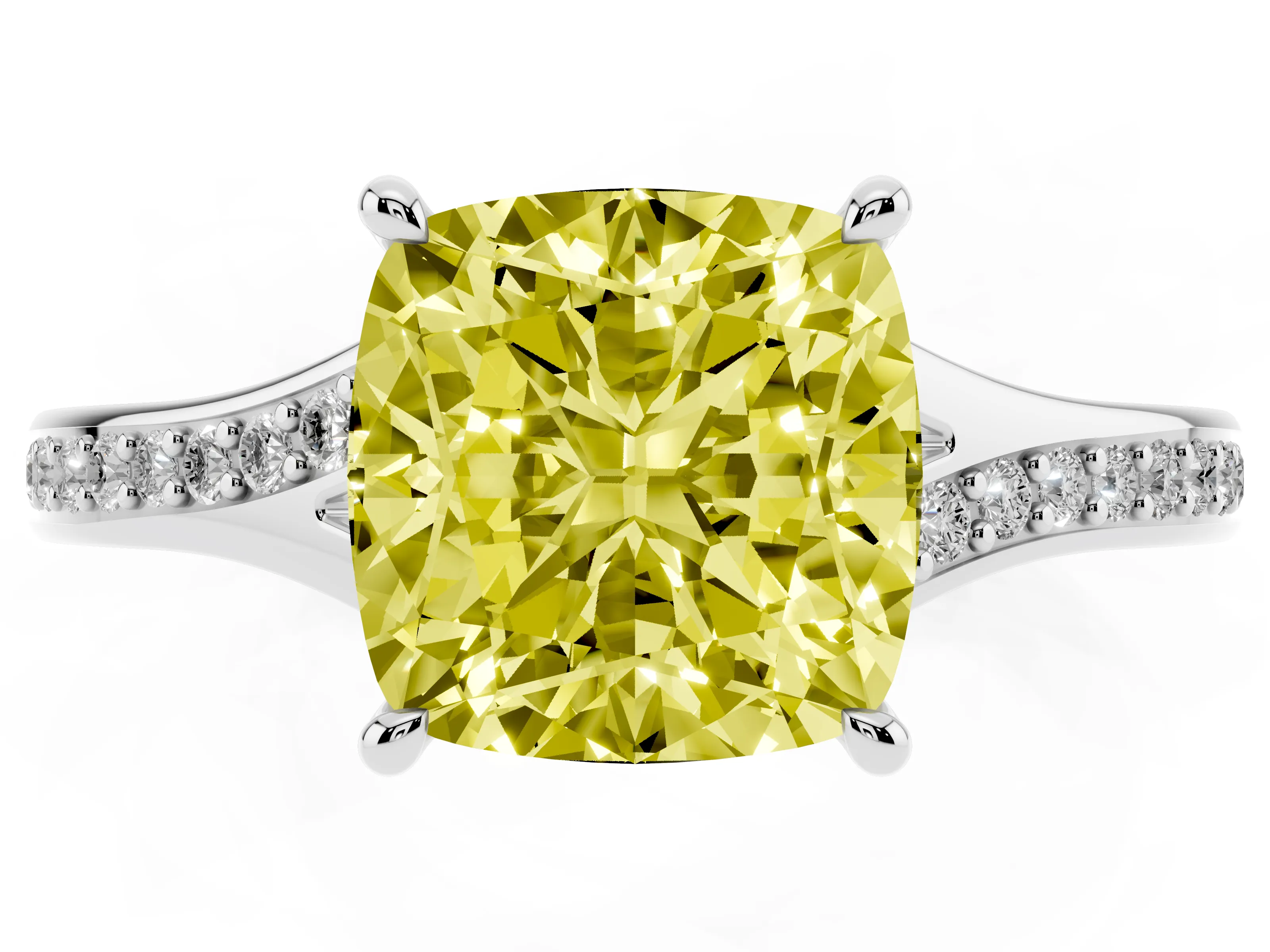 Fancy Yellow Cushion Cut Diamond Solitaire Ring Set in Platinum with Pavé Accent Band and Classic Prong Setting