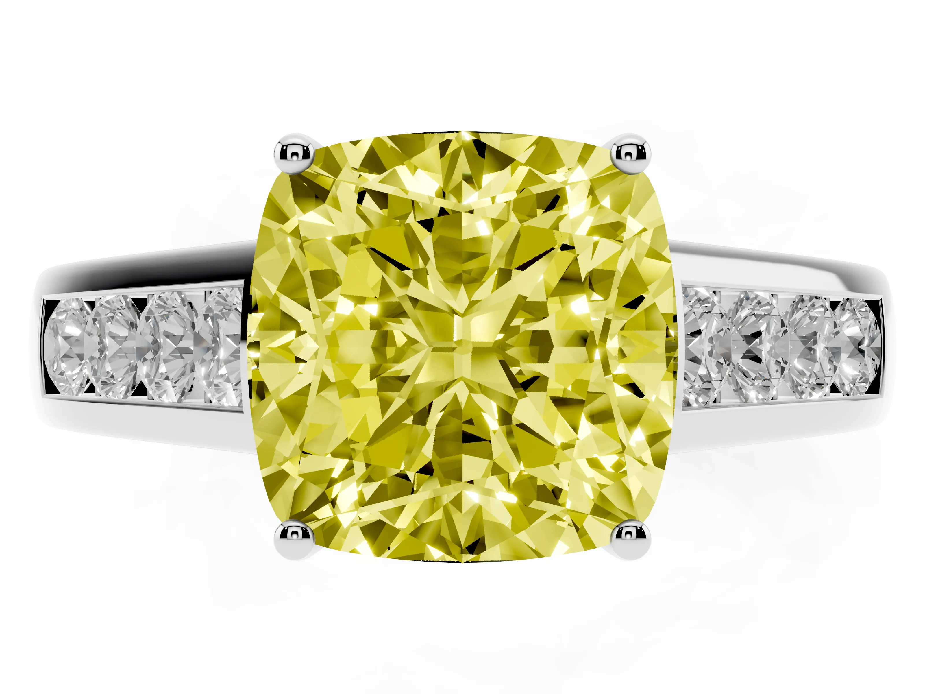 Fancy Yellow Cushion Cut Diamond Brilliant Channel-Set Solitaire Ring Set in Platinum with Prong Setting