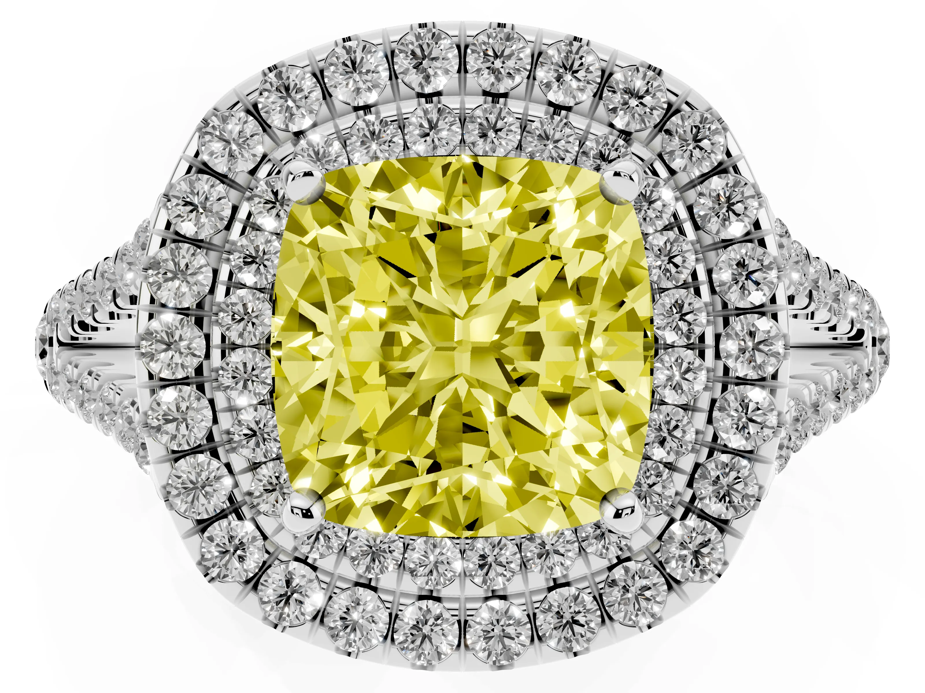 Fancy Yellow Cushion Cut Diamond Double Halo Ring Set in Platinum with Pavé Band
