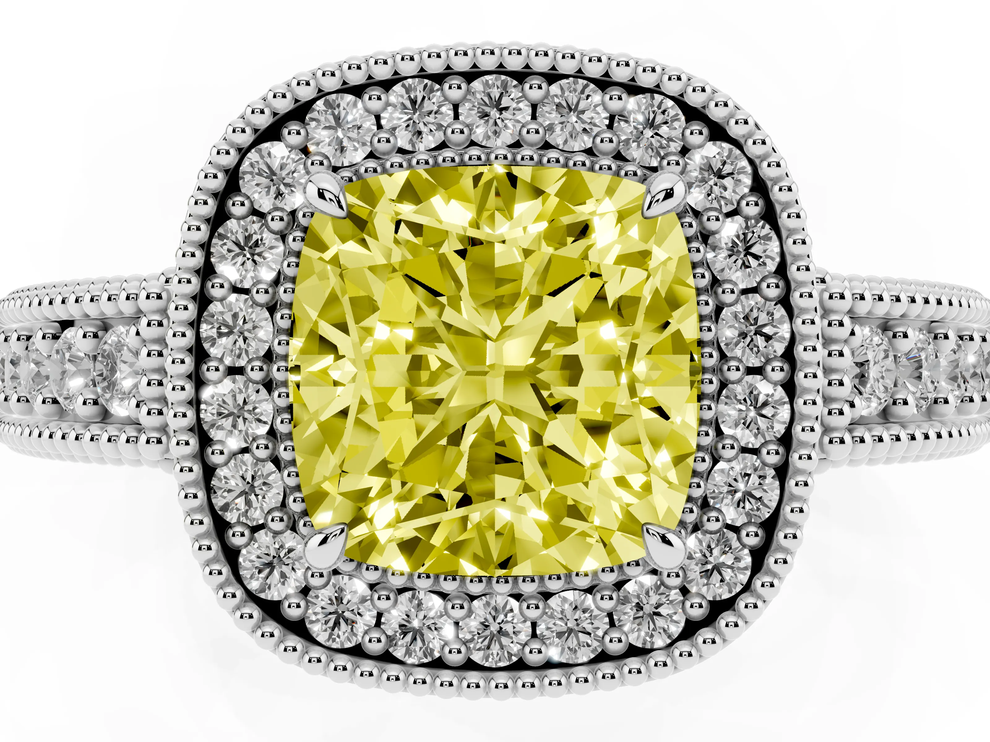 Fancy Yellow Cushion Cut Diamond Halo Ring Set in White gold with Round Accent Halo, Pavé Band and Prong Setting