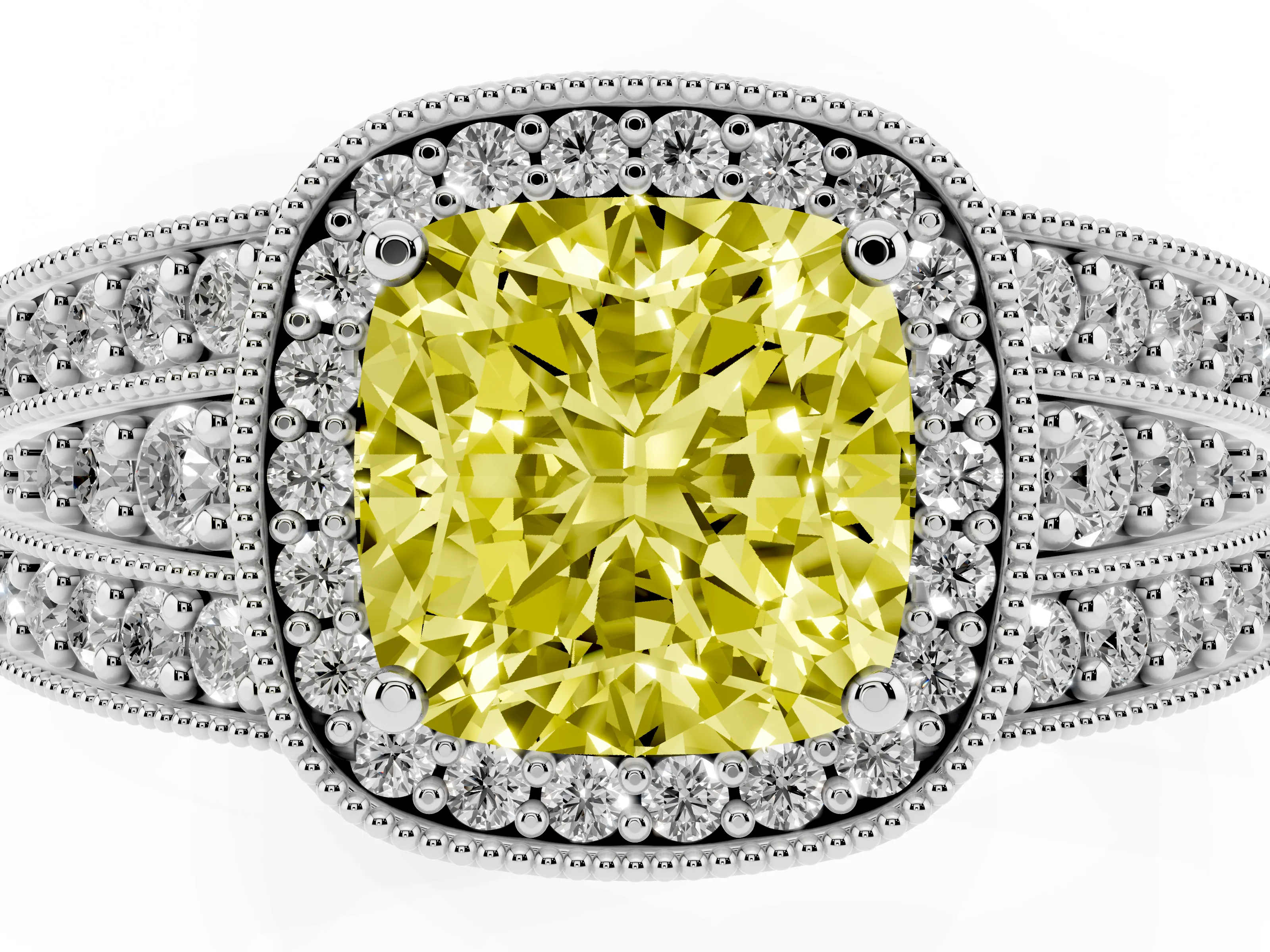 Fancy Yellow Cushion Cut Diamond Halo Ring Set in Silver with Accent Split Shank and Prong Setting