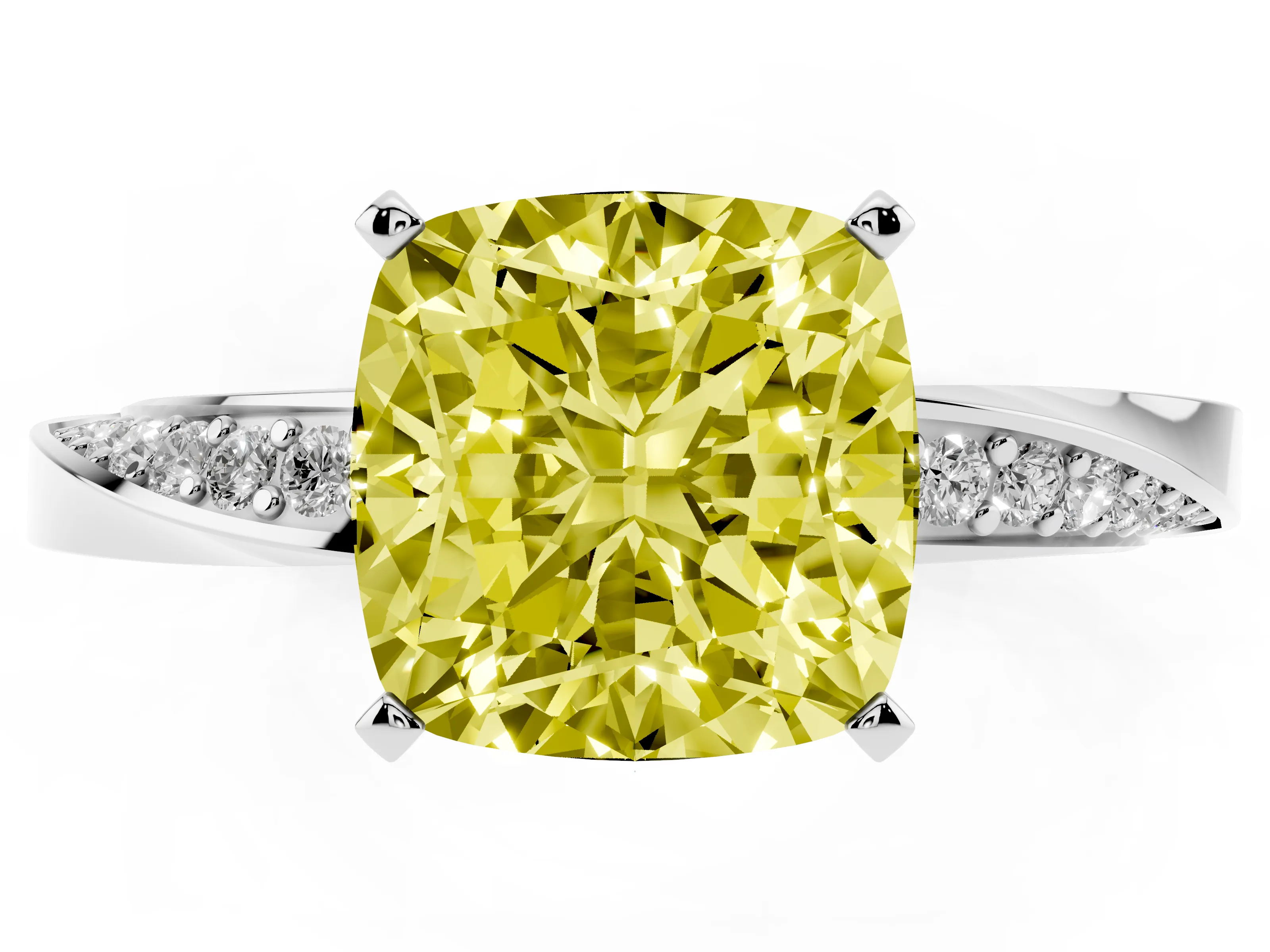 Fancy Yellow Cushion Cut Diamond Engagement Ring Set in Platinum with Side Stone Accents and Prong Setting