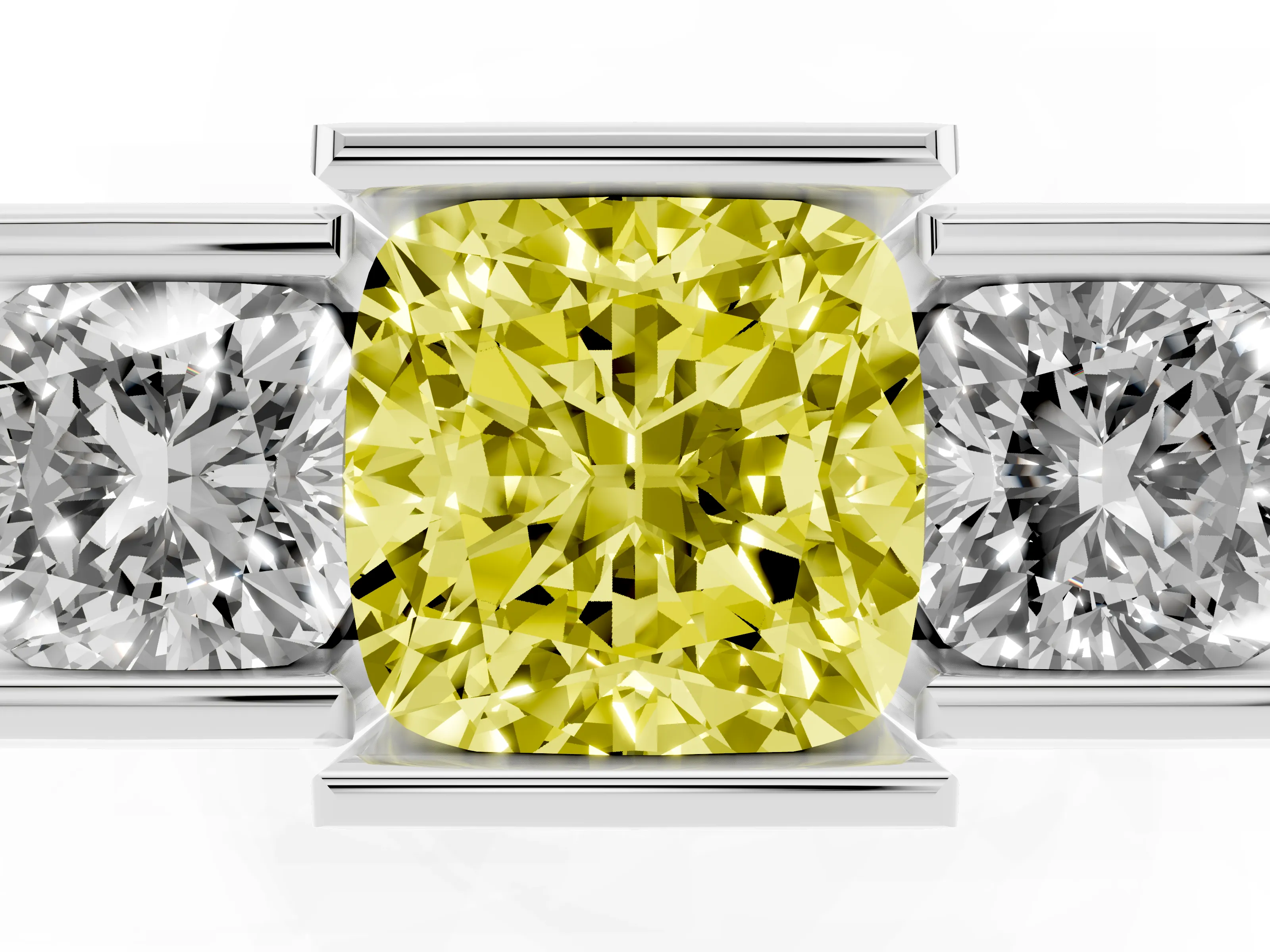 Fancy Yellow Cushion Cut Diamond Three-Stone Channel Set Ring Set in Platinum with Smooth Polished Band