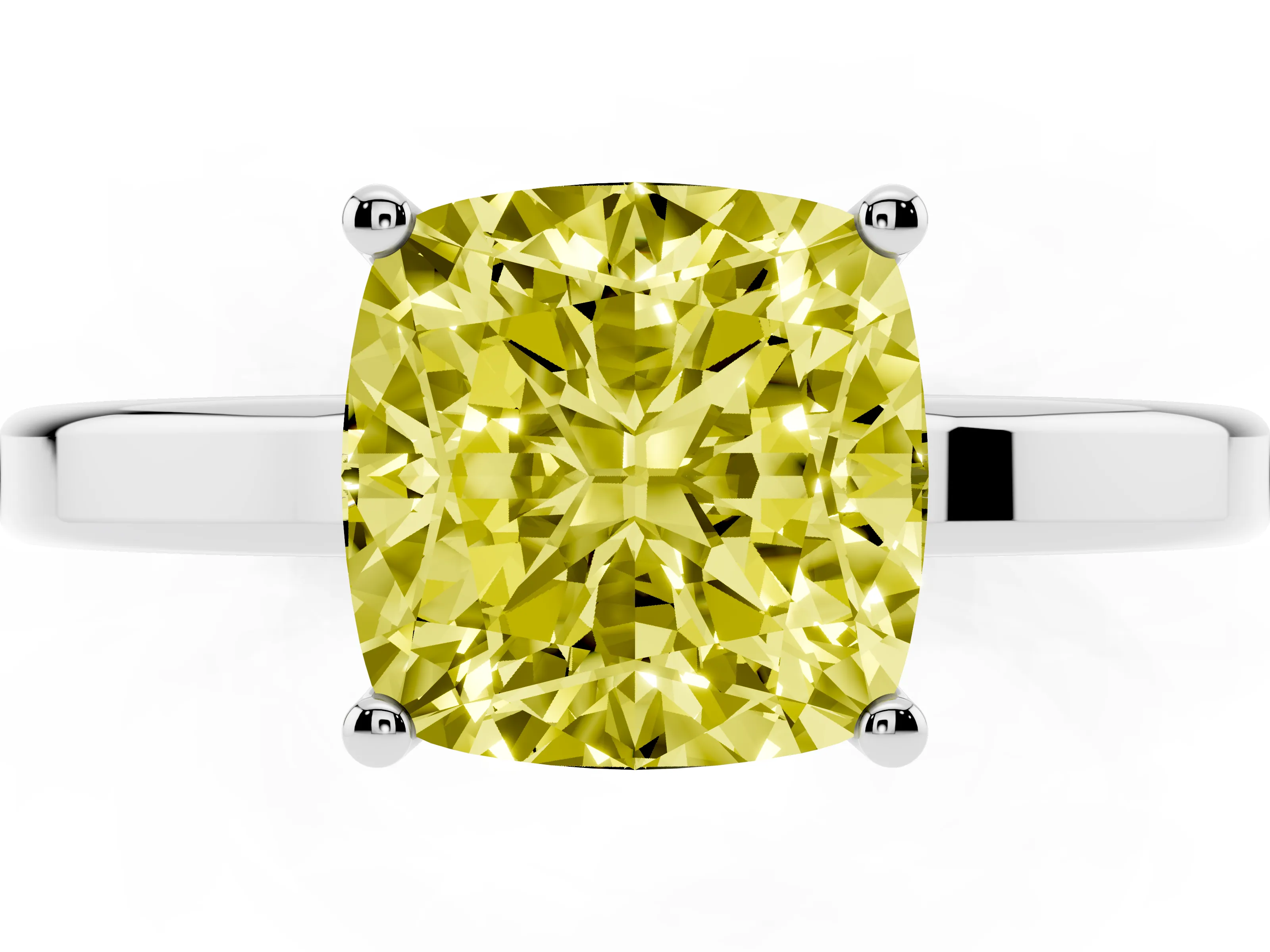Fancy Yellow Cushion Cut Diamond Solitaire Engagement Ring Set in White gold with Prong Setting on a Plain Band