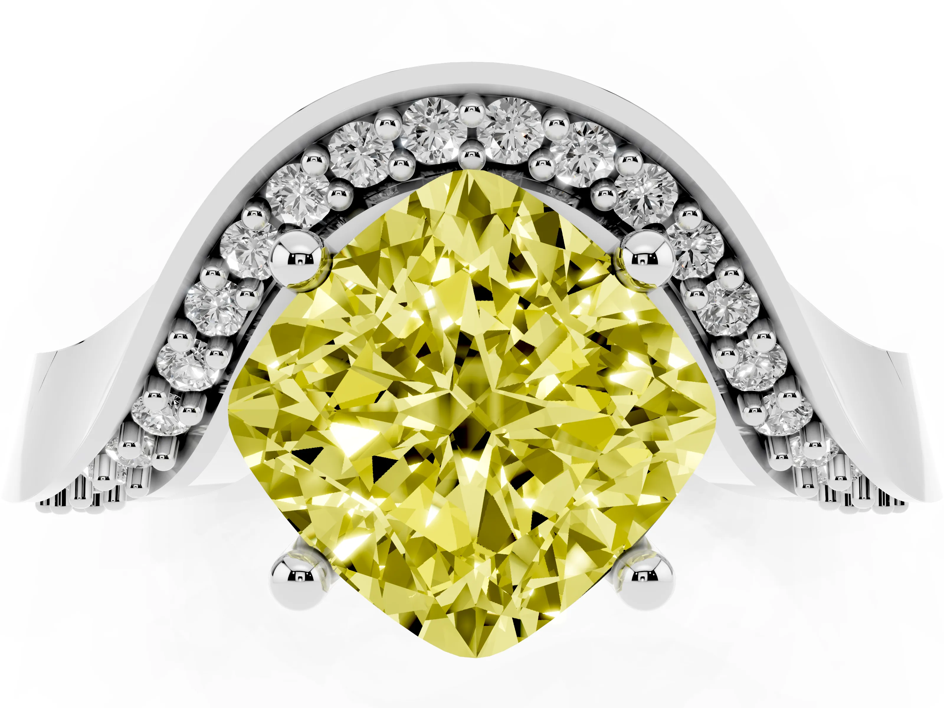 Fancy Yellow Cushion Cut Diamond Solitaire Engagement Ring Set in Silver with Pavé Shoulders
