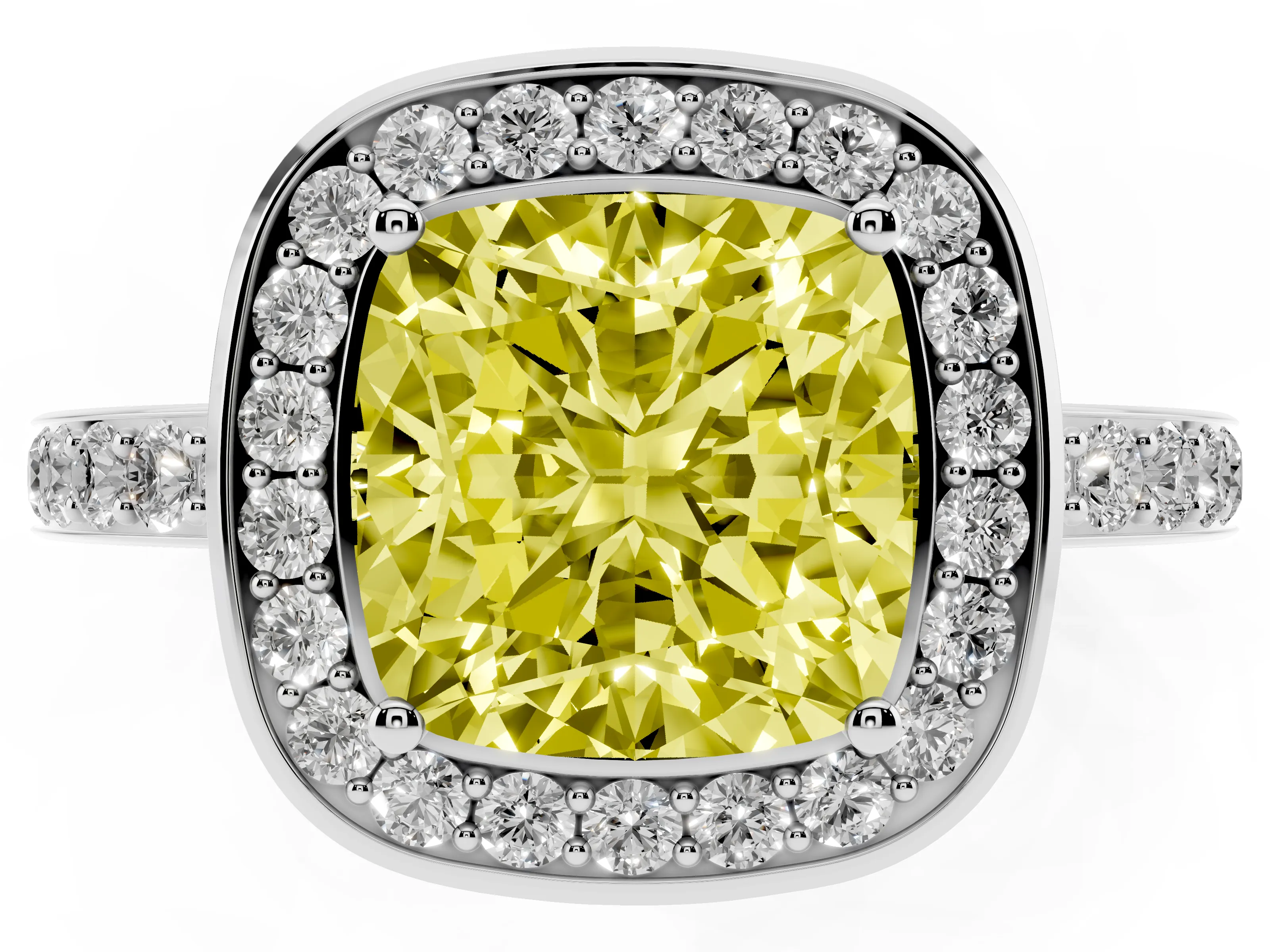 Fancy Yellow Cushion Cut Diamond Halo Ring Set in White gold with Bezel Frame and Pavé Band