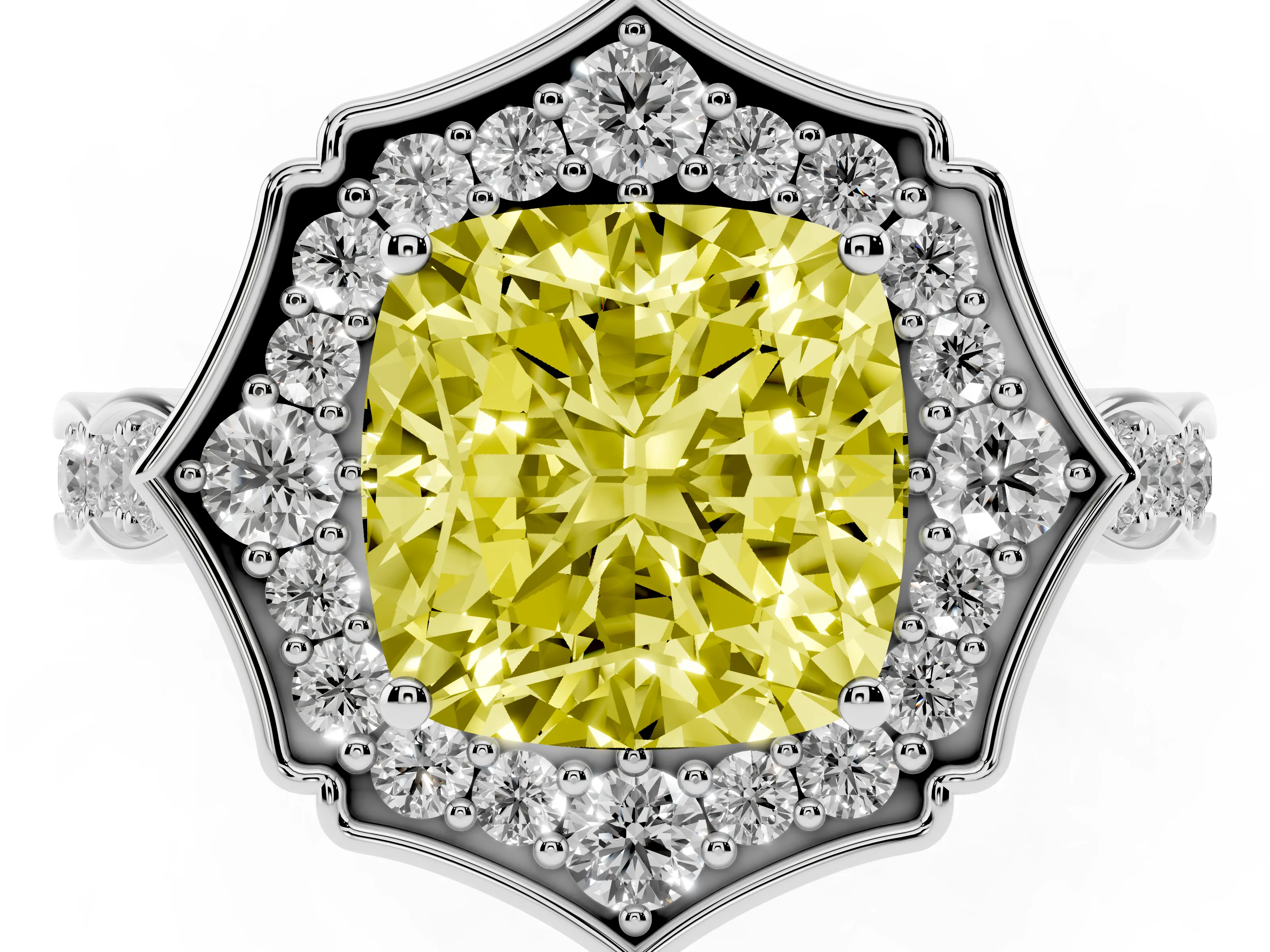 Fancy Yellow Cushion Cut Diamond Halo Engagement Ring Set in Platinum with Milgrain Band and Prong Setting