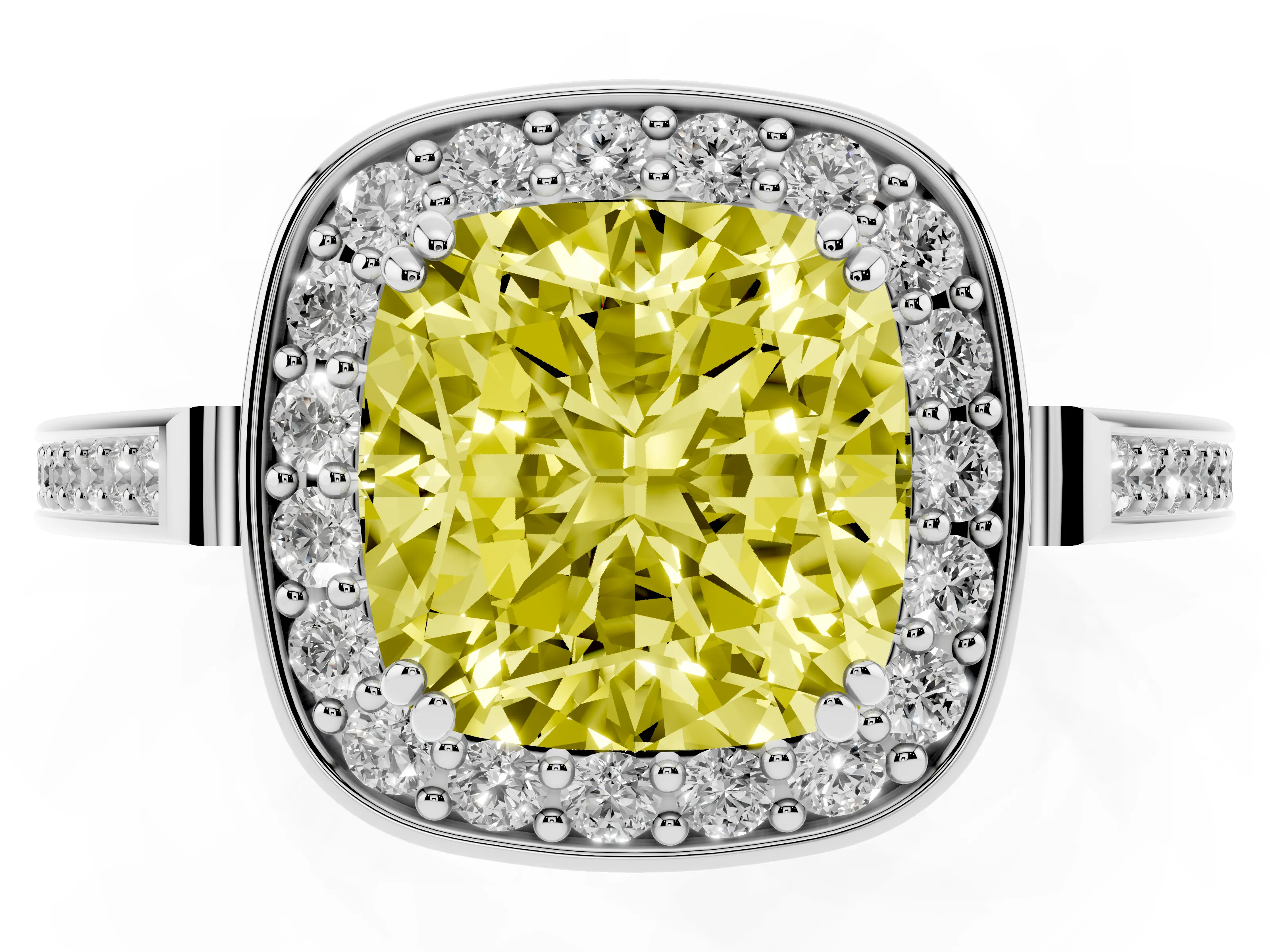 Fancy Yellow Cushion Cut Diamond Halo Ring Set in Platinum with Accent-Lined Split Shank and Prong Setting