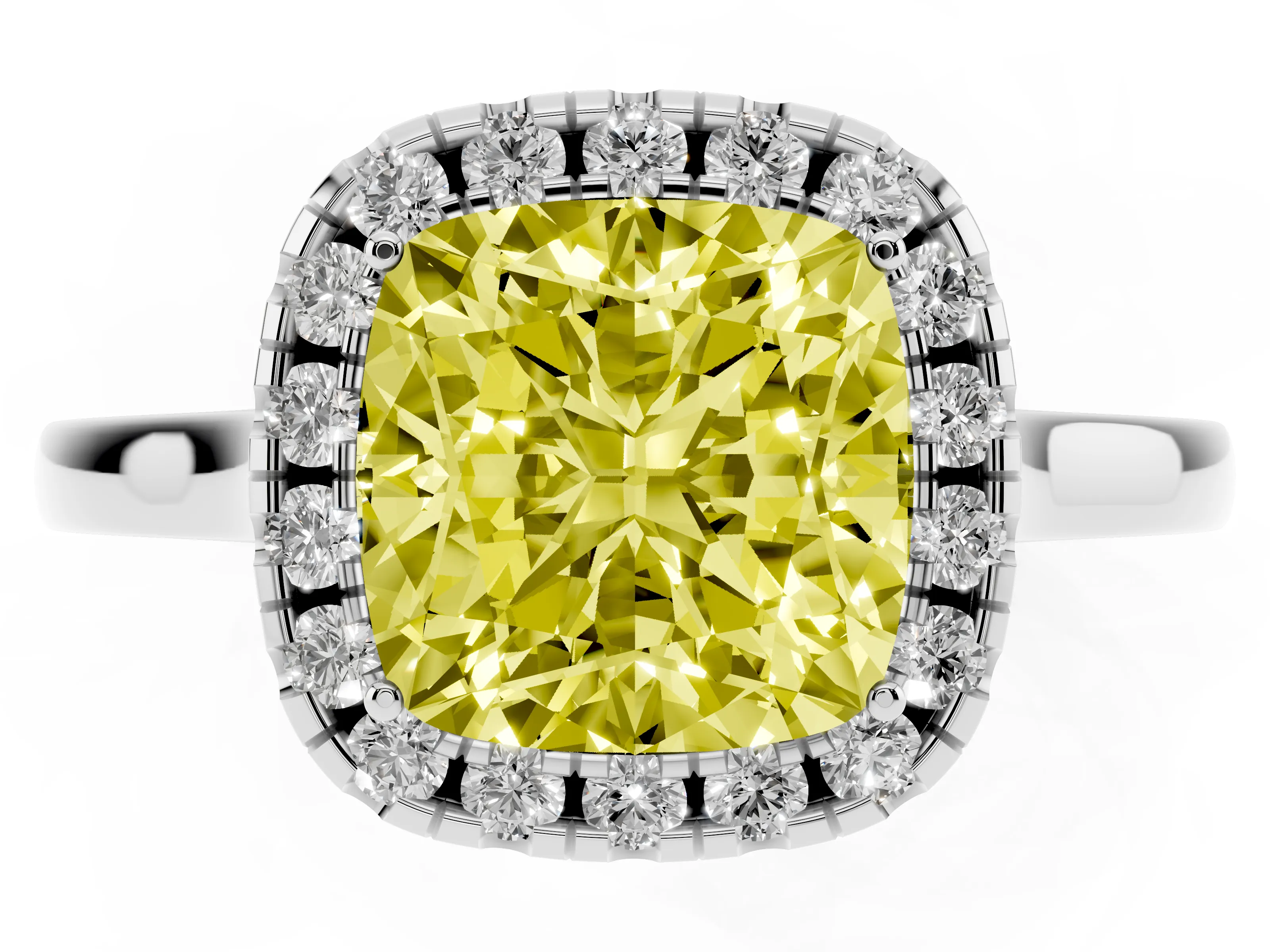 Fancy Yellow Cushion Cut Halo Round Diamond Solitaire Ring Set in White gold with Pavé Band and Prong Setting