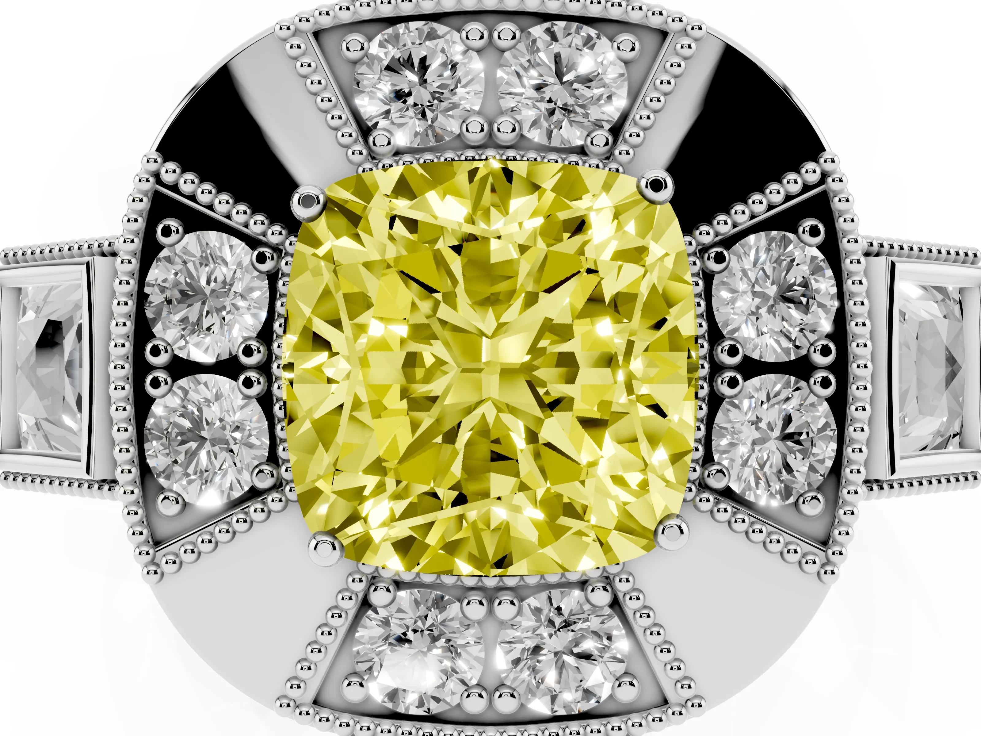 Fancy Yellow Cushion Cut Diamond Milgrain Halo Ring Set in White gold with Split Shank