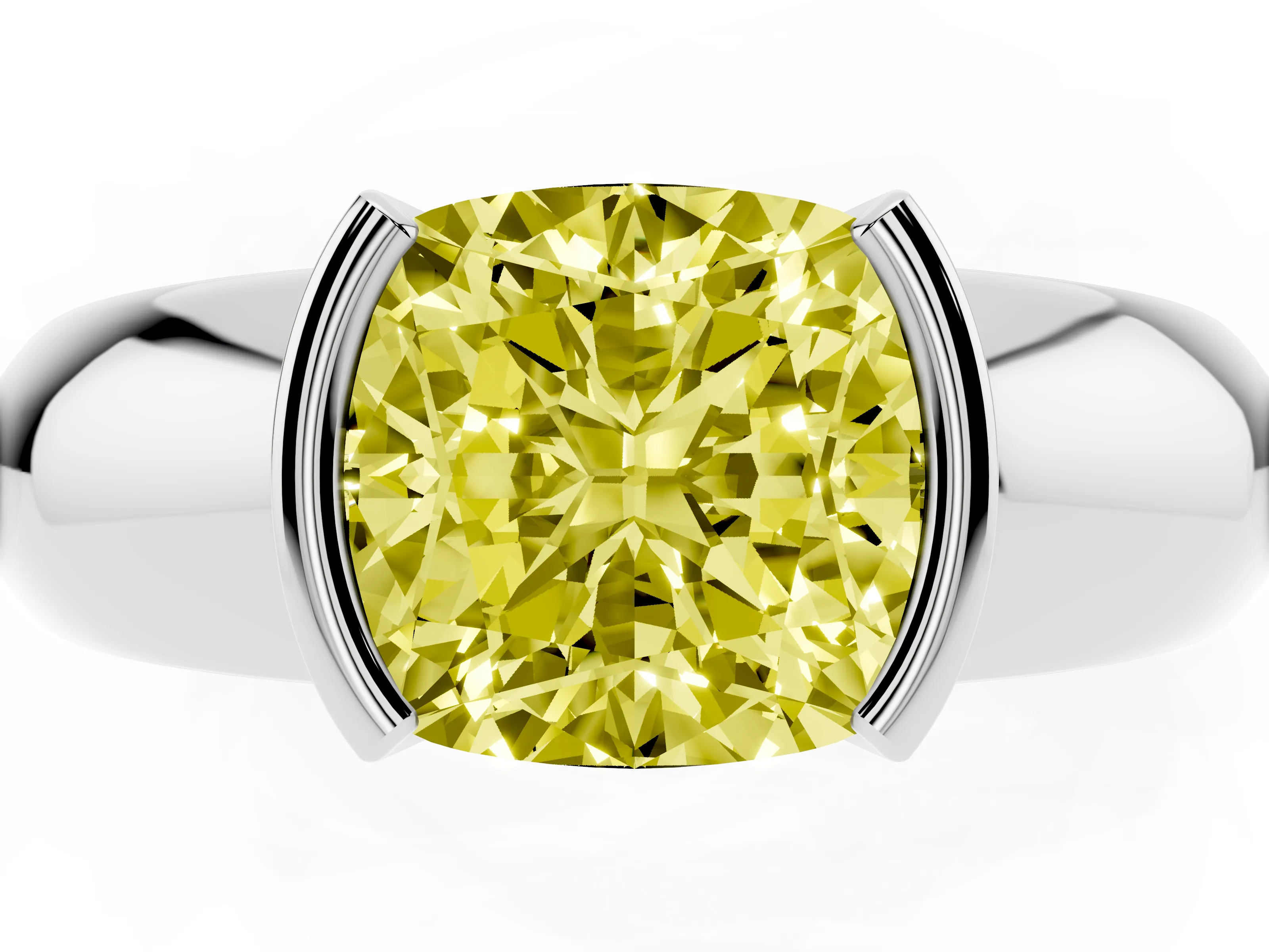Fancy Yellow Cushion Cut Diamond Solitaire Tension Set Ring Set in Silver with Wide Band