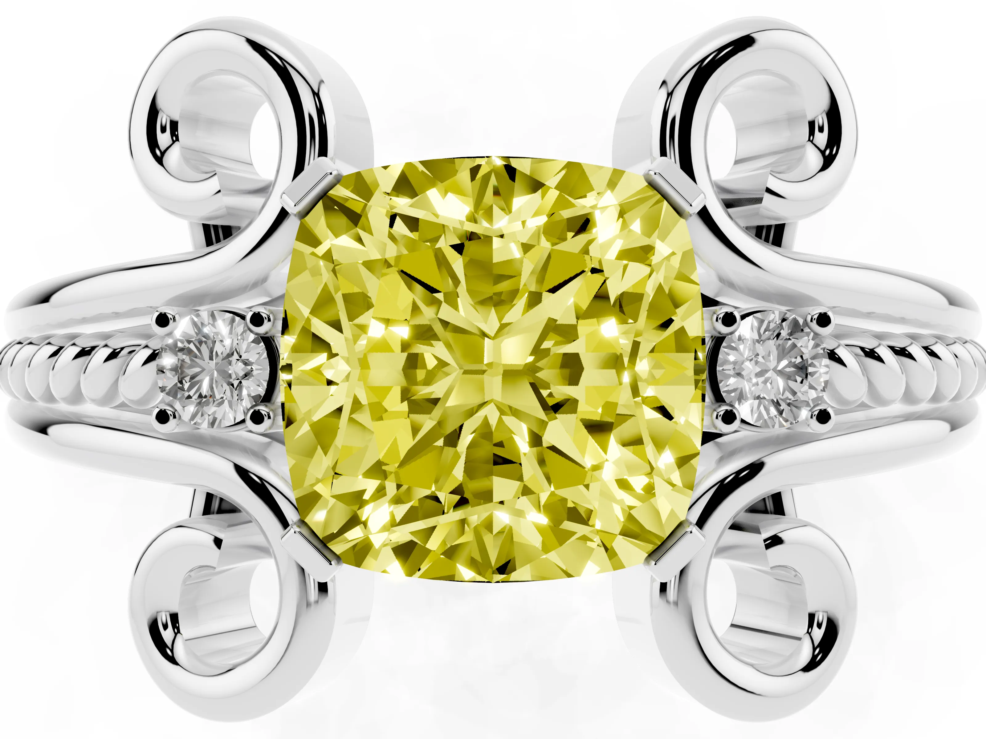Fancy Yellow Cushion Cut Diamond Twisted Band Solitaire Ring Set in White gold with Scroll Prongs