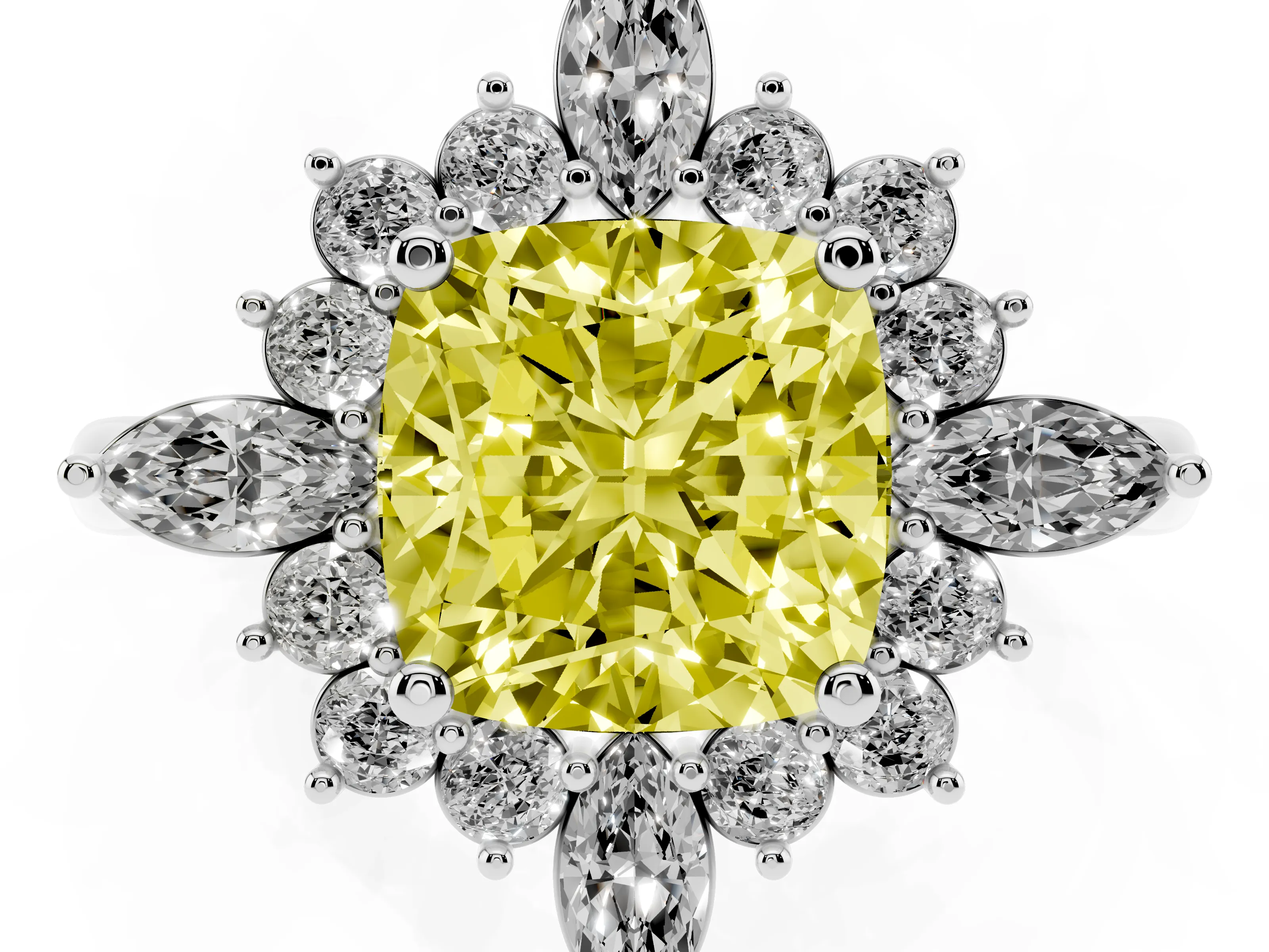 Fancy Yellow Cushion Cut Diamond Cluster Halo Ring Set in Silver with Marquise and Round Accents