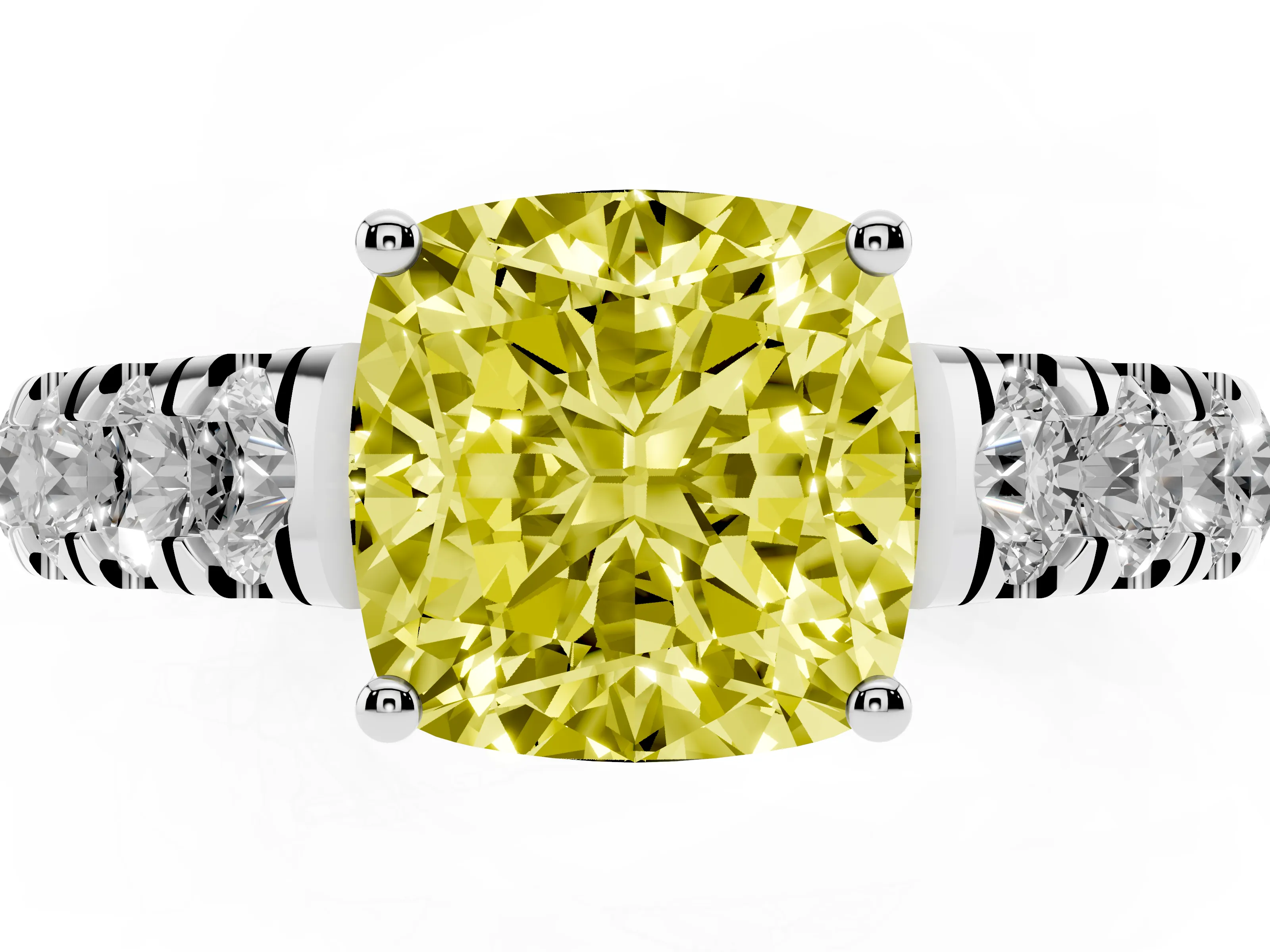 Fancy Yellow Cushion Cut Diamond Solitaire Ring Set in Platinum with Cut-Down Micro Pavé Band and Prong Setting