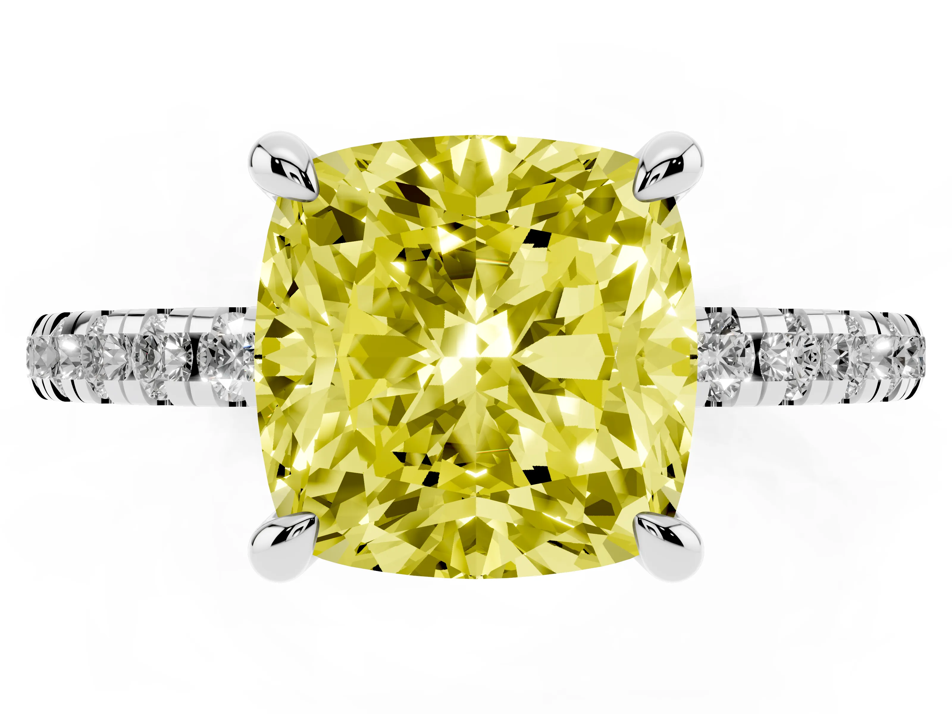 Fancy Yellow Cushion Cut Diamond Brilliant Solitaire Ring Set in Platinum with Pavé Band and Prong Setting