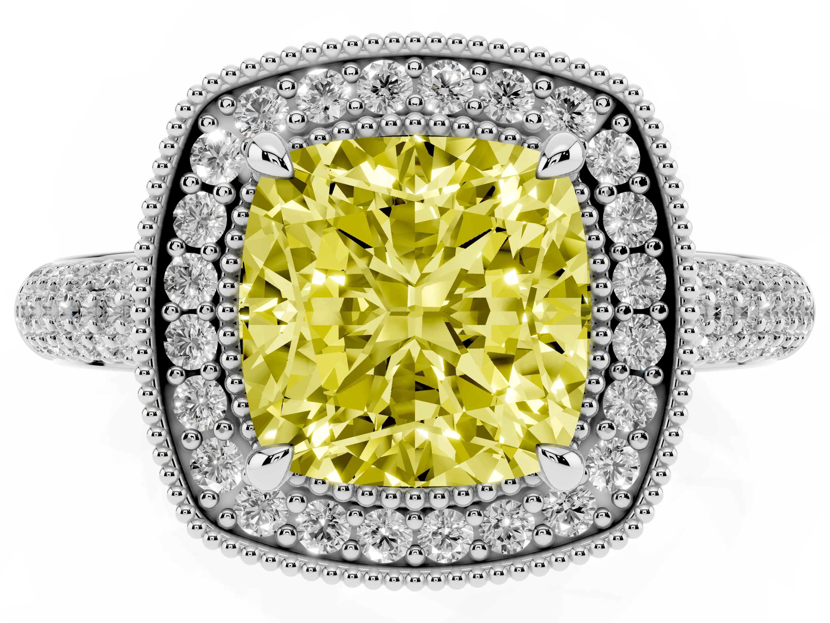 Fancy Yellow Cushion Cut Diamond Halo Pavé Band Set in Platinum with Prong Setting