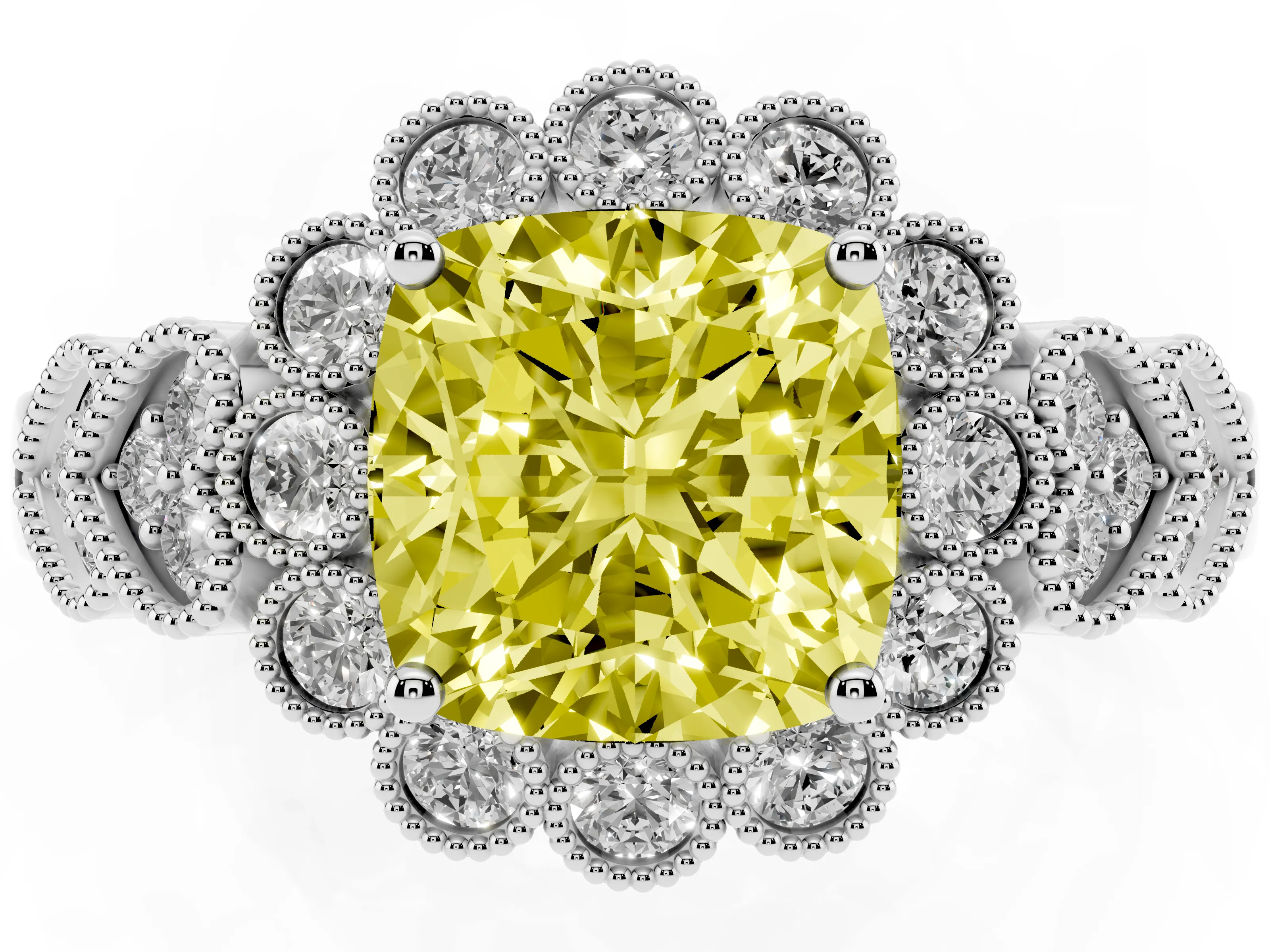 Fancy Yellow Cushion Cut Diamond Solitaire Ring Set in Platinum with Milgrain Pavé Heart Band