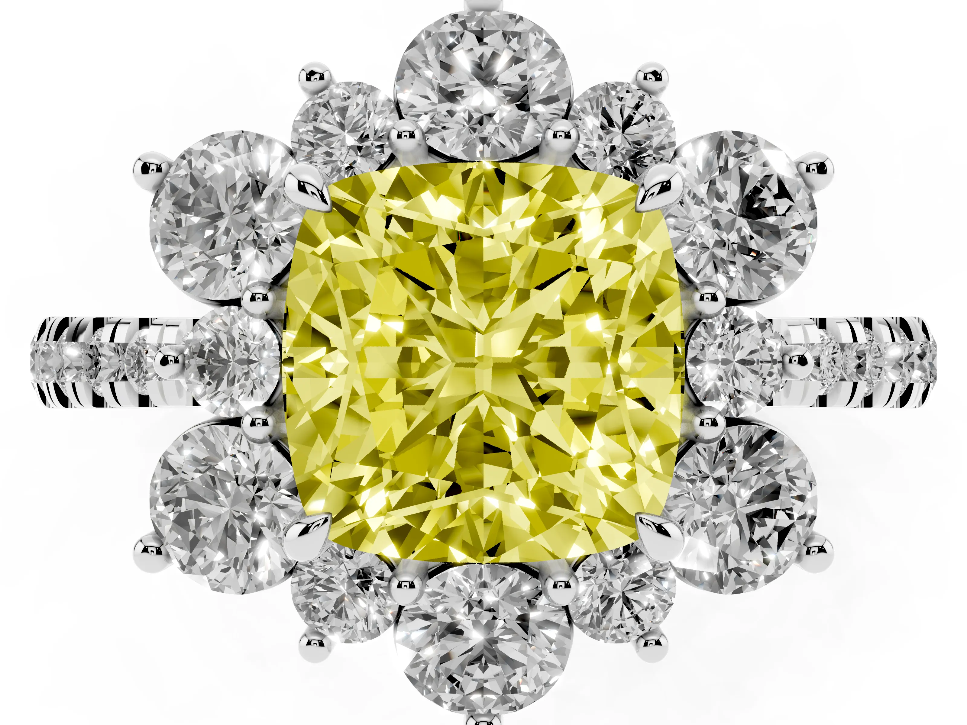 Fancy Yellow Cushion Cut Diamond Floral Halo Ring Set in Silver with Round Pavé Band and Prong Setting