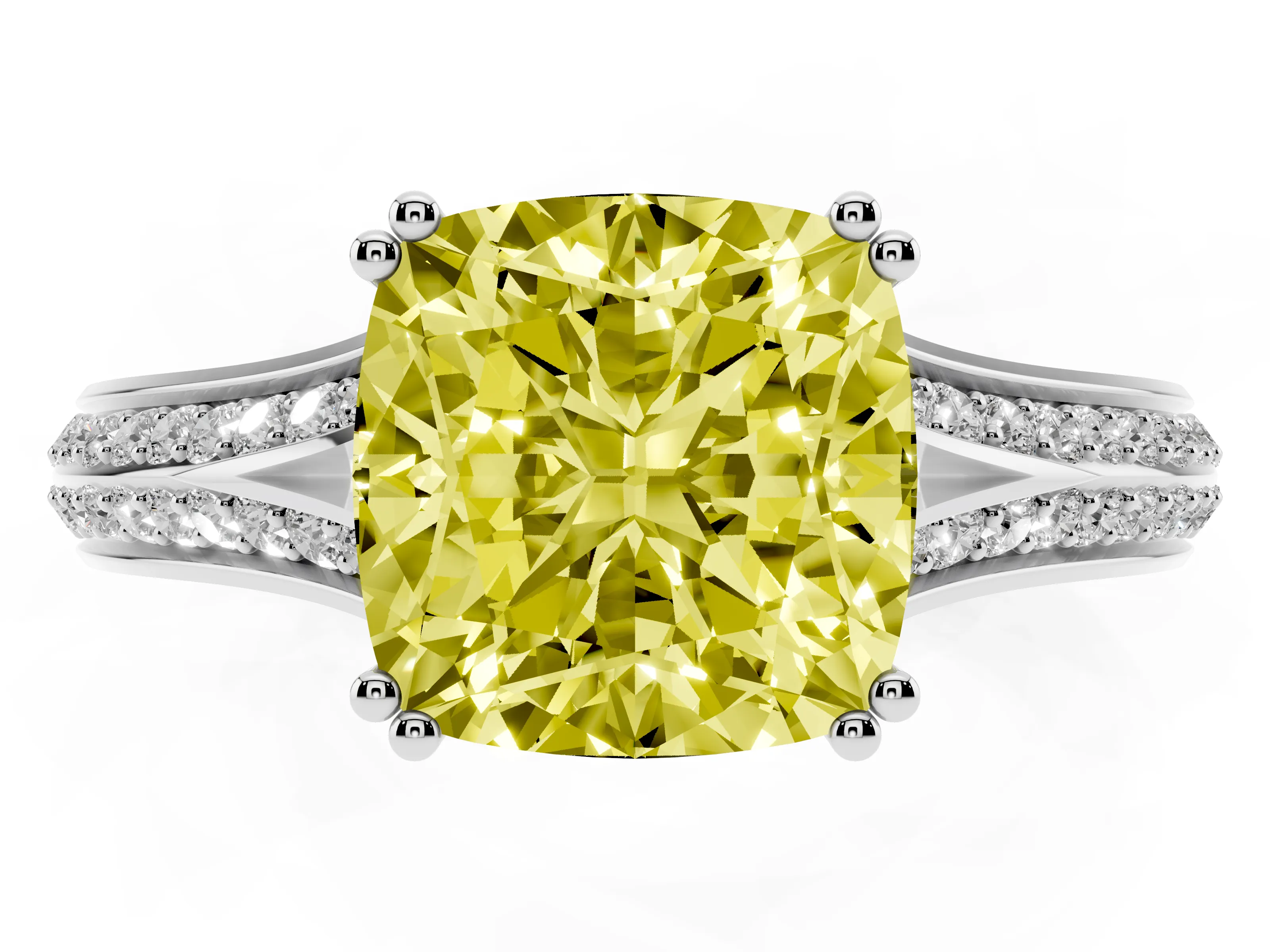 Fancy Yellow Cushion Cut Diamond Split Shank Pavé Engagement Ring Set in Platinum with Prong-Set Center Stone